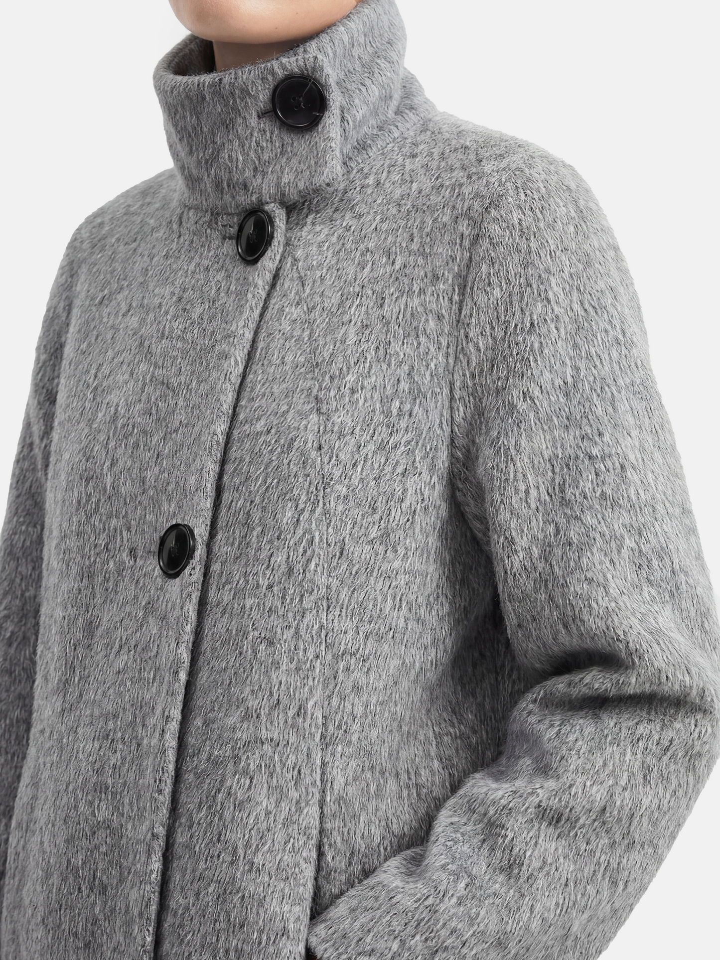 Tailored grey camel hair stand-up collar coat, full-length, structured body, soft brushed surface, elegant silhouette.