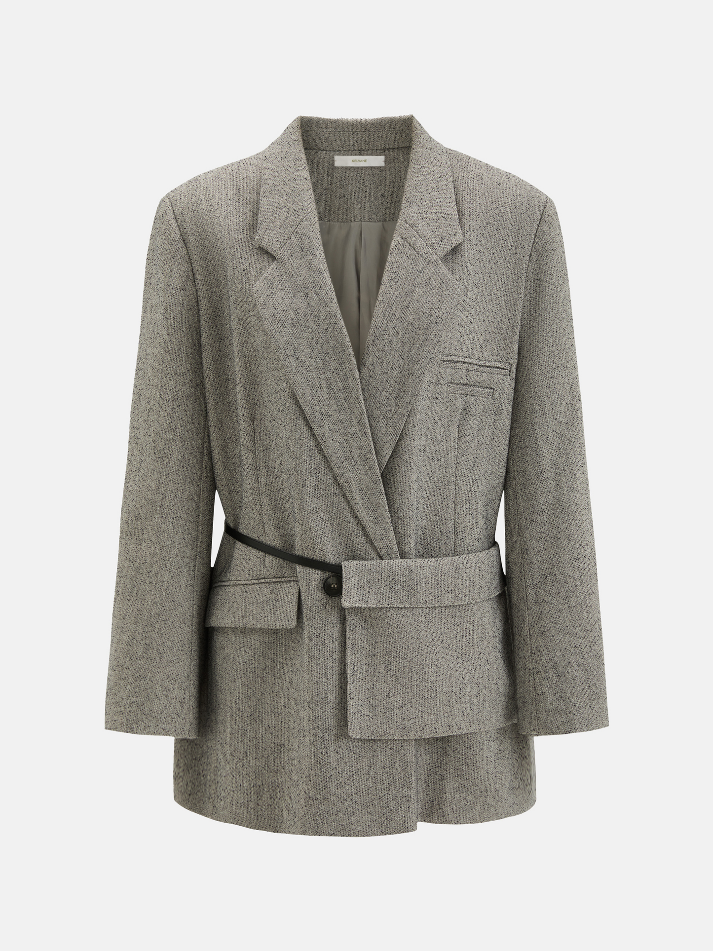 SELVANE heather grey tailored suit set, elongated body, shaped waist with asymmetric belt, on a model.