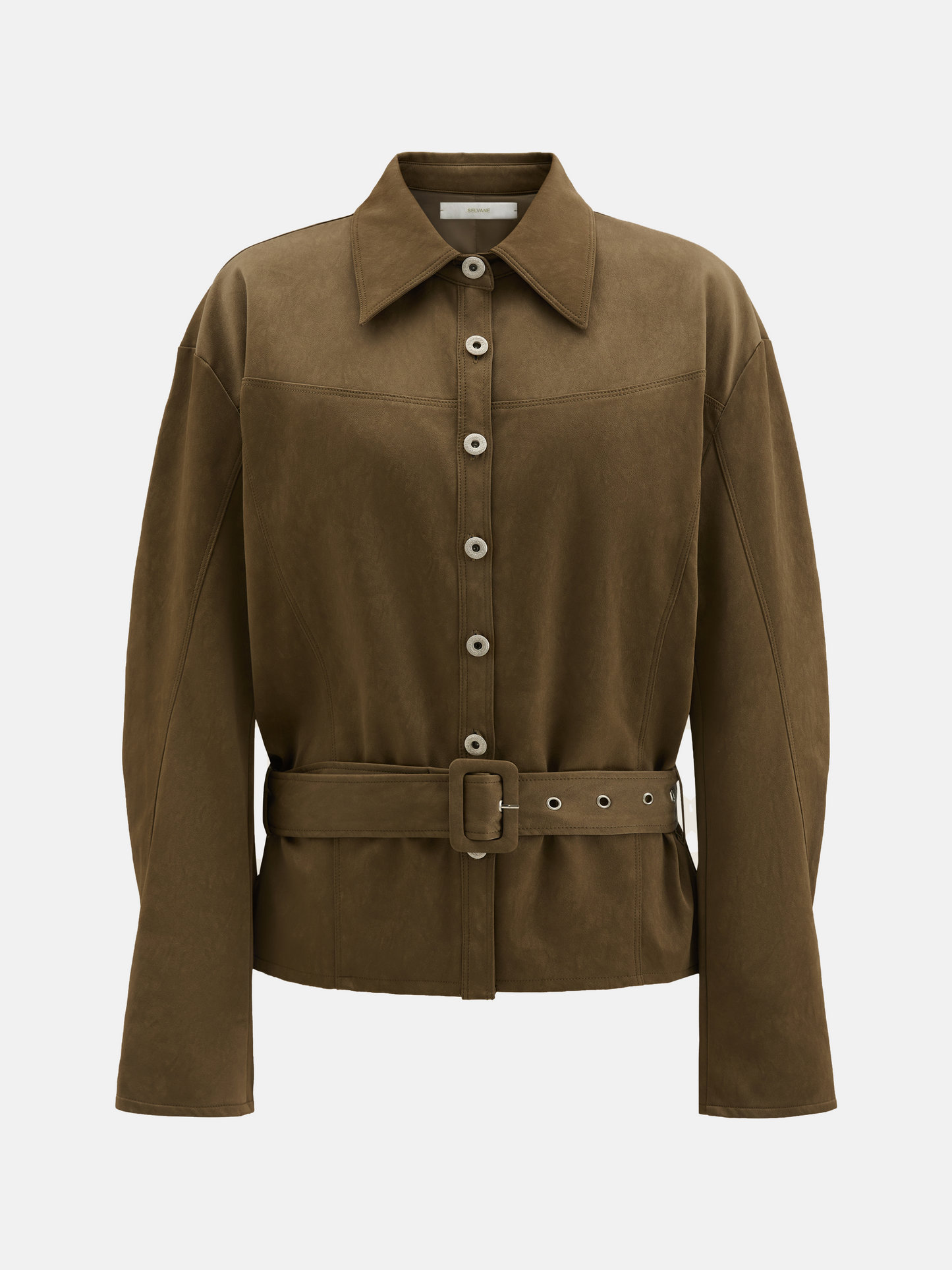 SELVANE Khaki Belted Shirt Jacket, relaxed fit, soft suede-like fabric, with extended cuffs and a defining waist belt.