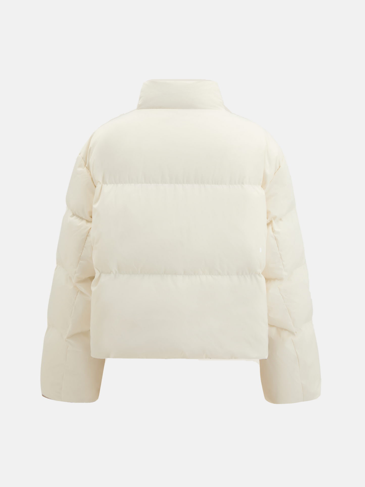 SELVANE Minimal Padded Down Jacket, cropped with a subtle stand collar, crisp panel quilting, and a soft matte finish, embodying sculptural volume.