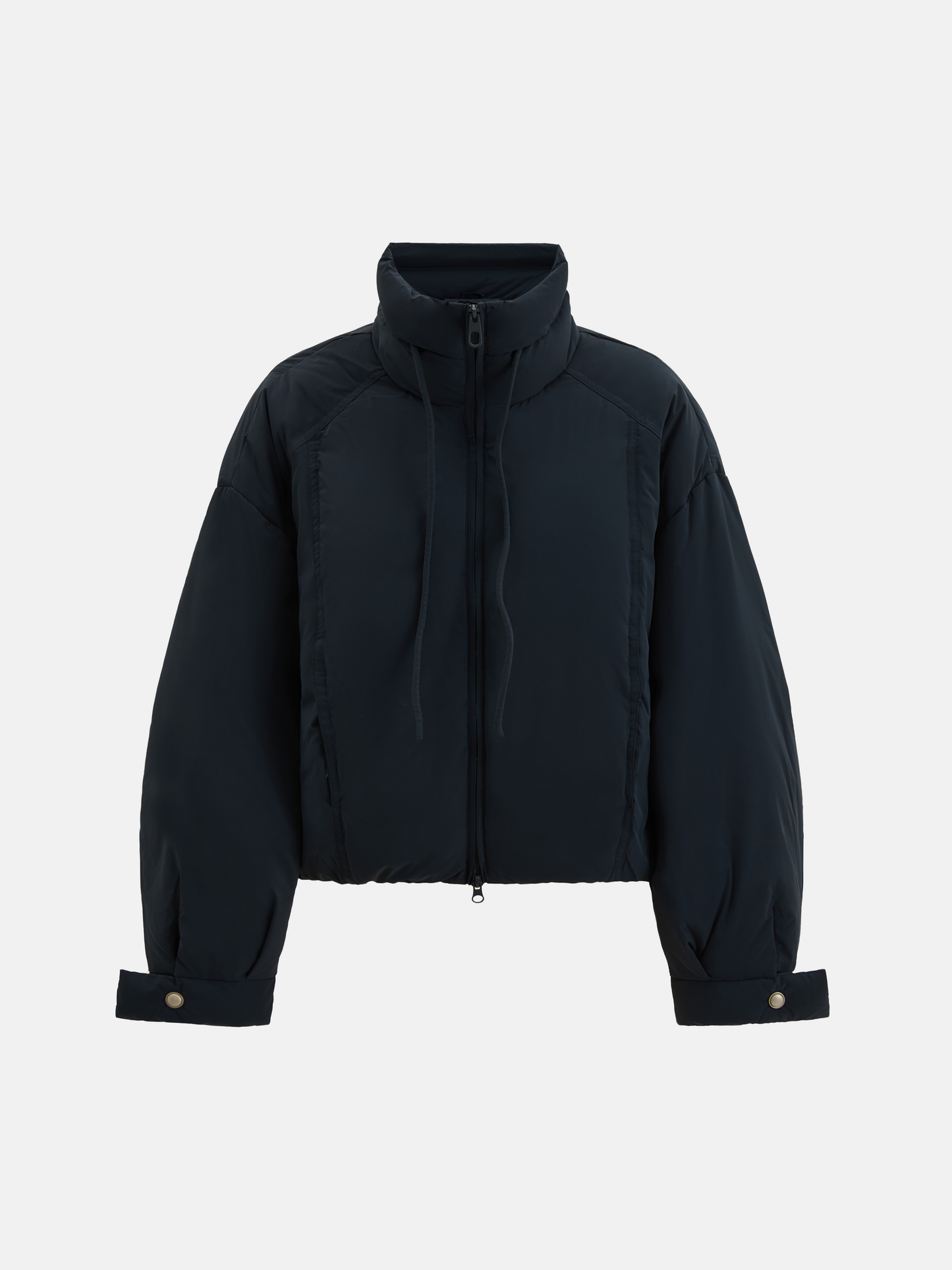 SELVANE High-Neck Bomber Down Jacket in black, featuring an exaggerated high collar and rounded silhouette, refined matte finish.