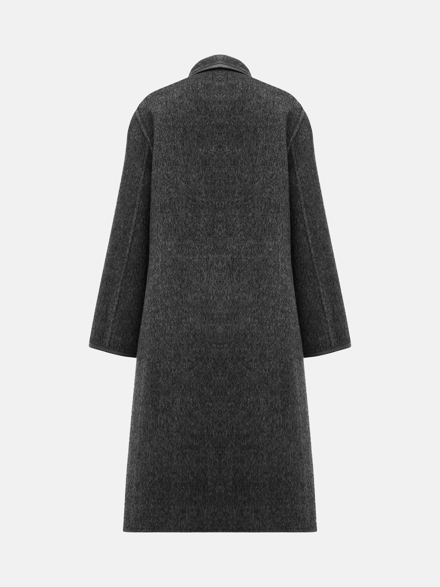 SELVANE Belted Wool Long Coat in a soft wool-llama blend, featuring a fluid drape and clean topstitched edges, worn by a model in a composed stance.