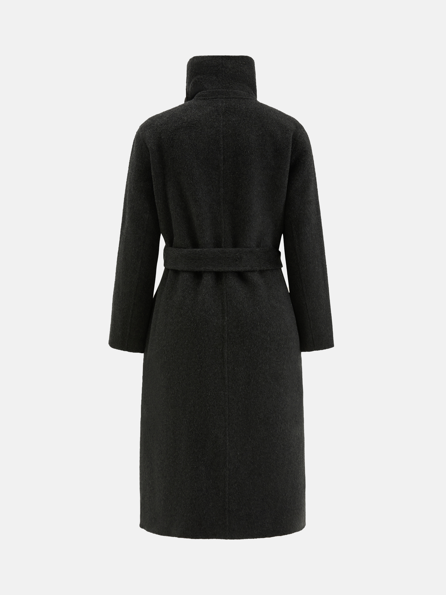 SELVANE Contour Wool Wrap Coat in a light tone with contrast-trim edges and wide shawl collar, draped elegantly.