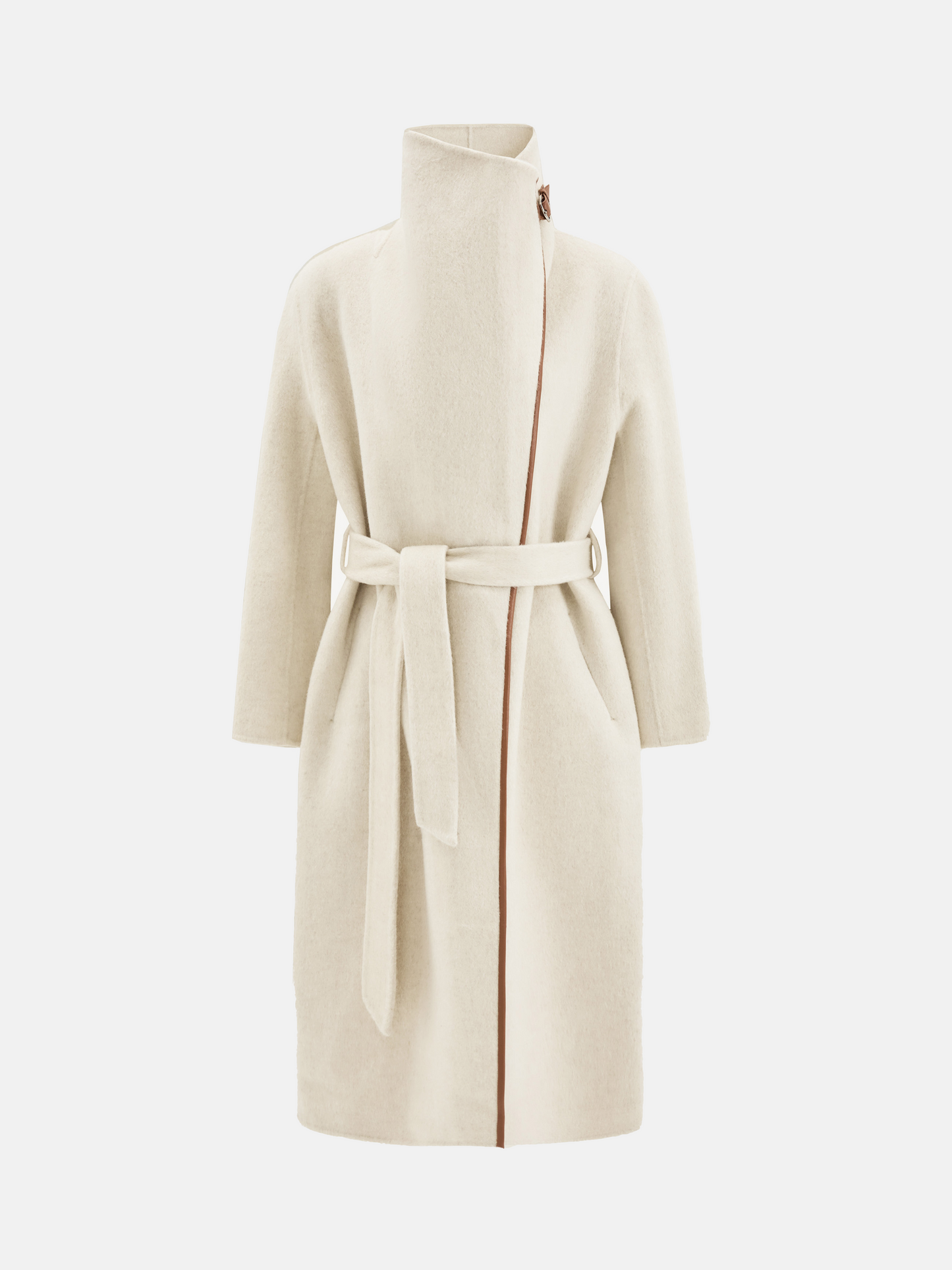 SELVANE Contour Wool Wrap Coat in a light tone with contrast-trim edges and wide shawl collar, draped elegantly.
