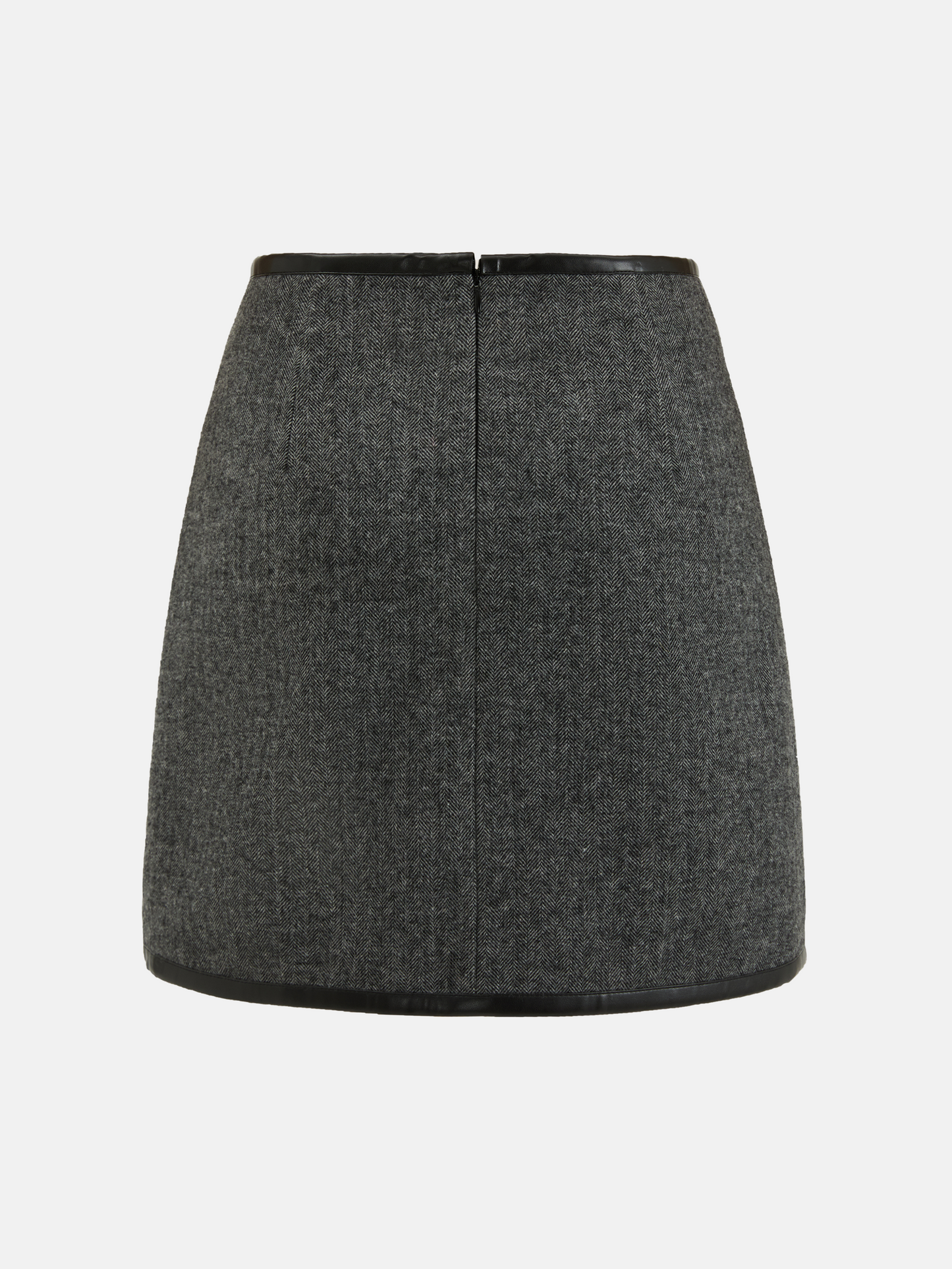 Charcoal wool-blend two-piece set featuring a cropped, boxy jacket with a sharp faux-leather contrast collar and a clean straight skirt.