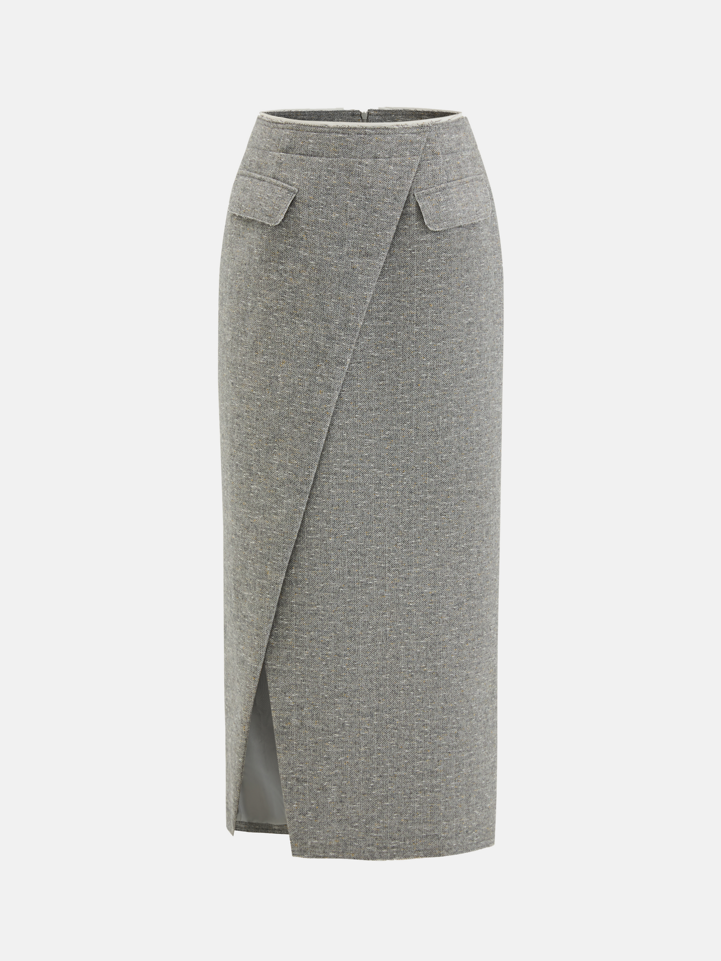 Cropped blazer and wrap midi skirt set in grey, featuring disciplined shoulders and fluid lines, inspired by volcanic terrain.