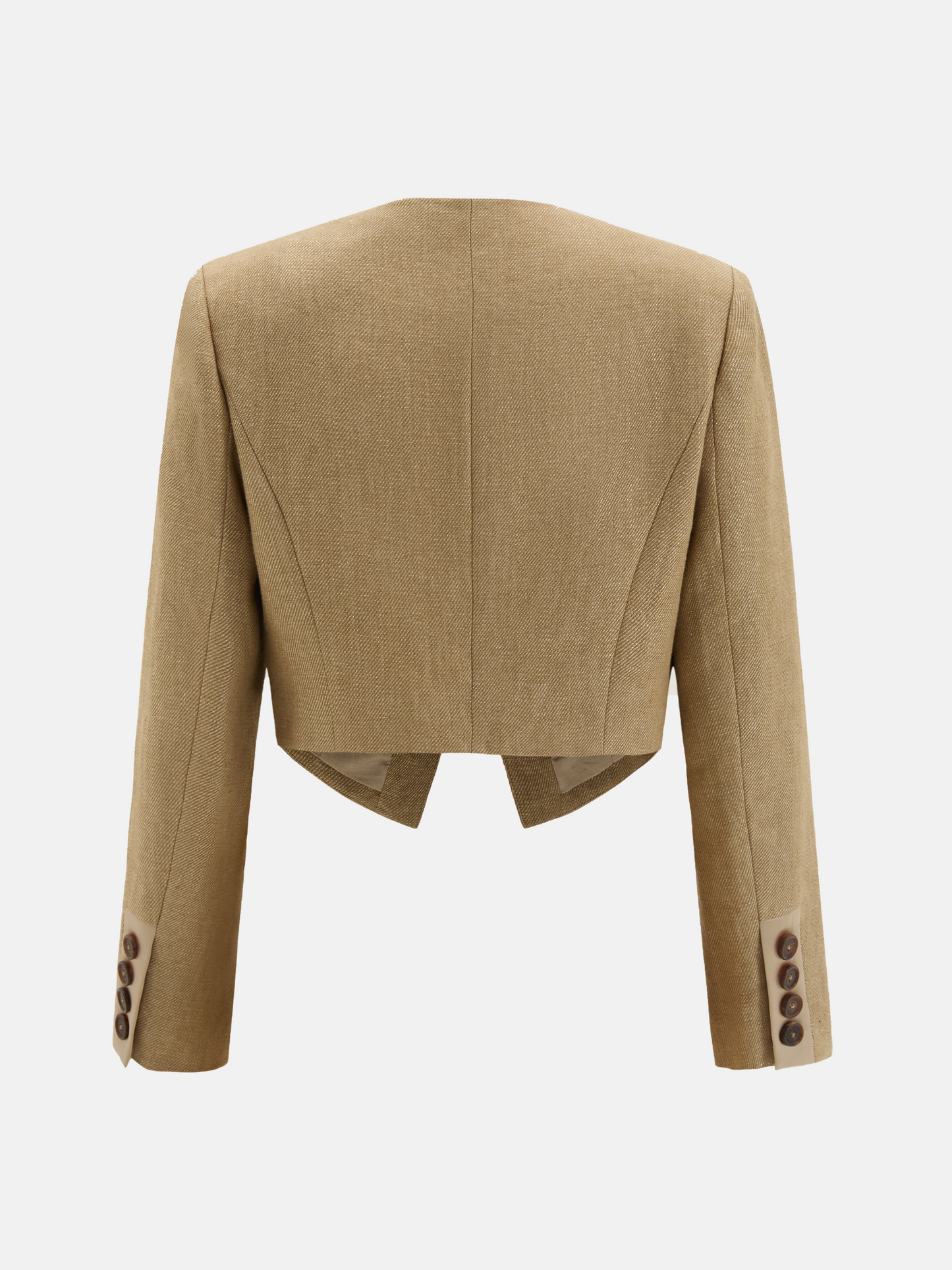 SELVANE Tailored Linen Suit Set in apricot, featuring a cleanly cut jacket and sleek skirt with a subtle metallic glint.