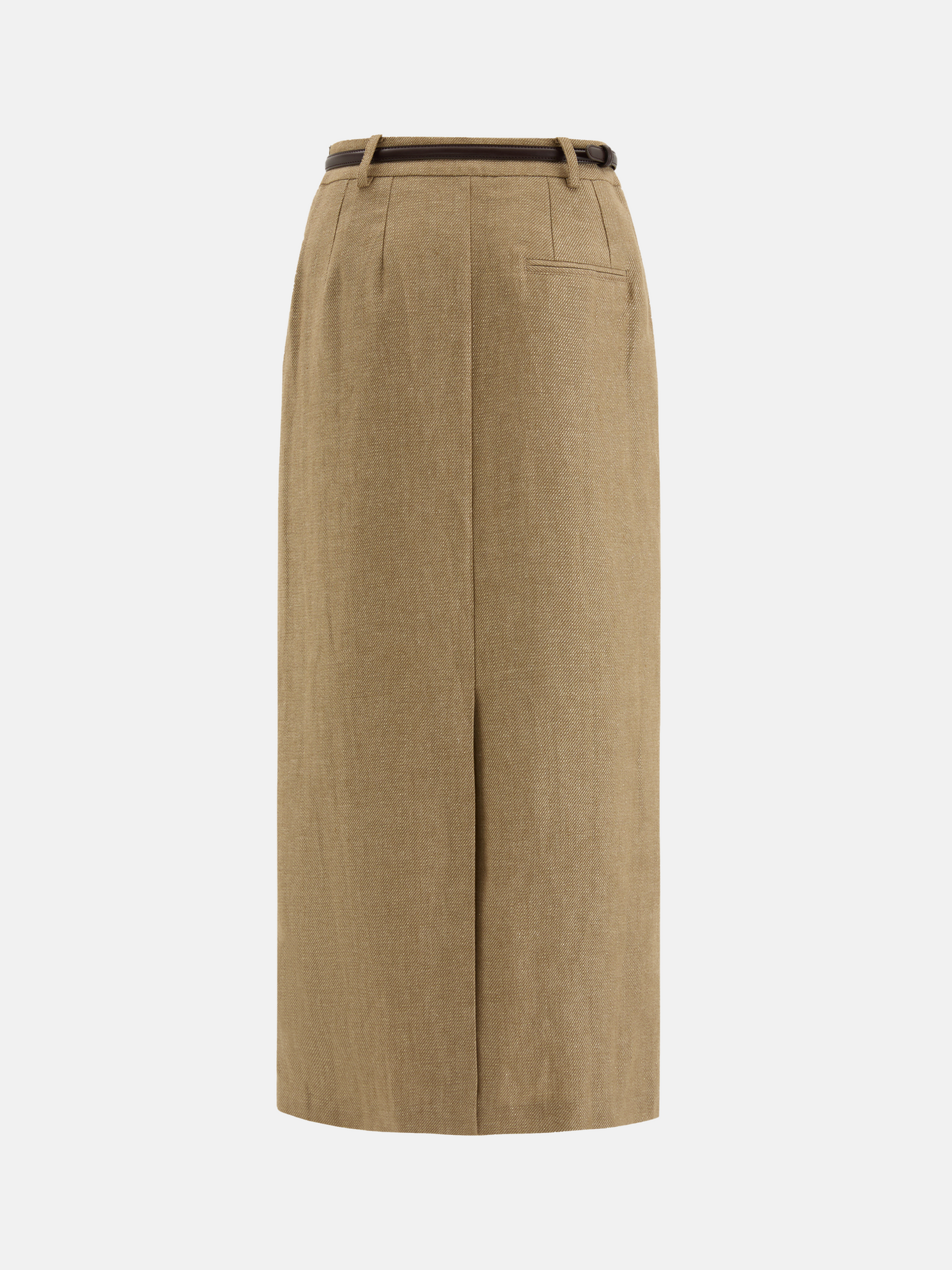 SELVANE Tailored Linen Suit Set in apricot, featuring a cleanly cut jacket and sleek skirt with a subtle metallic glint.