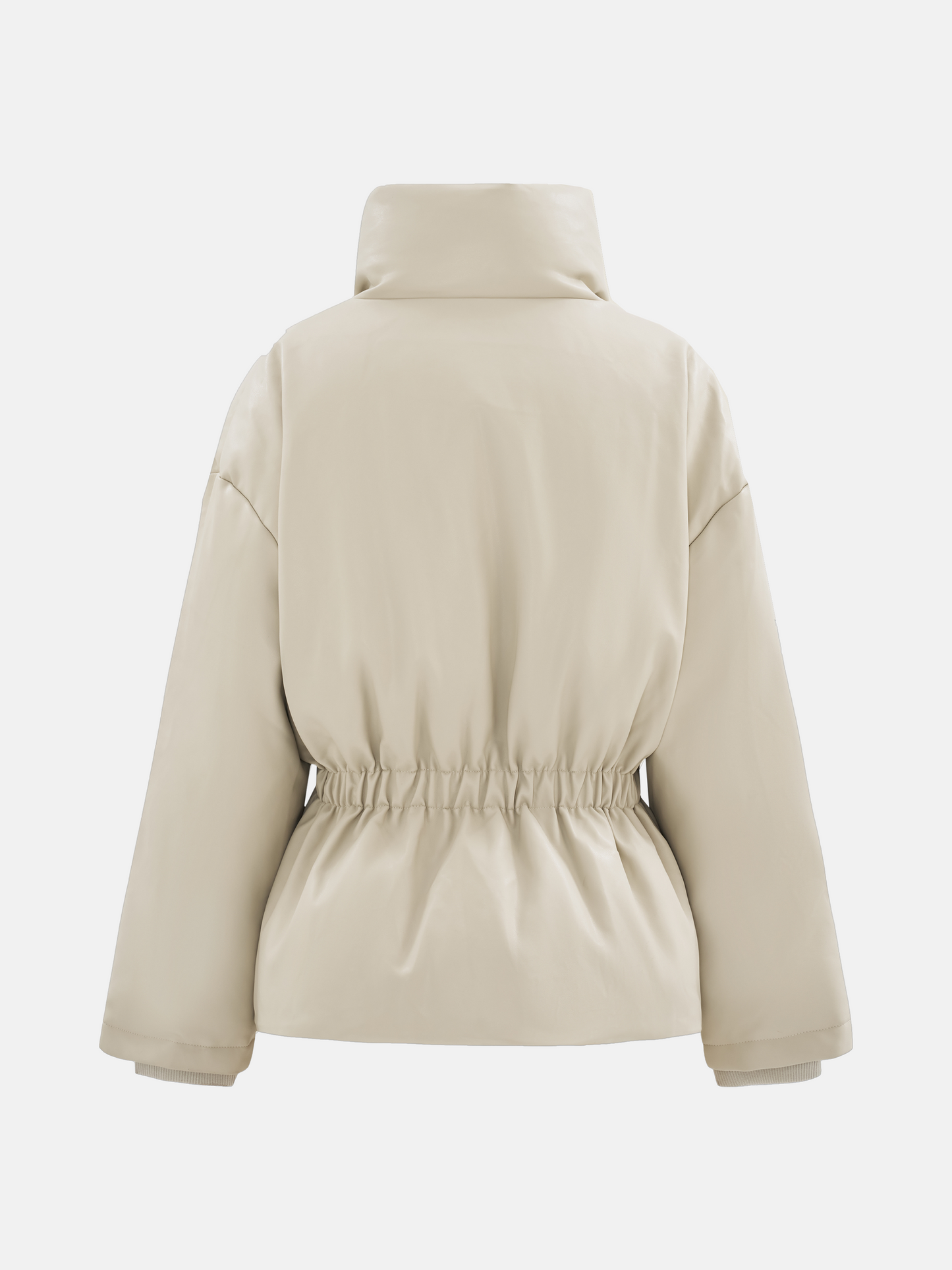 Apricot high-collar structured puffer down jacket by SELVANE, featuring a concealed placket and cinched waist, presented architecturally.