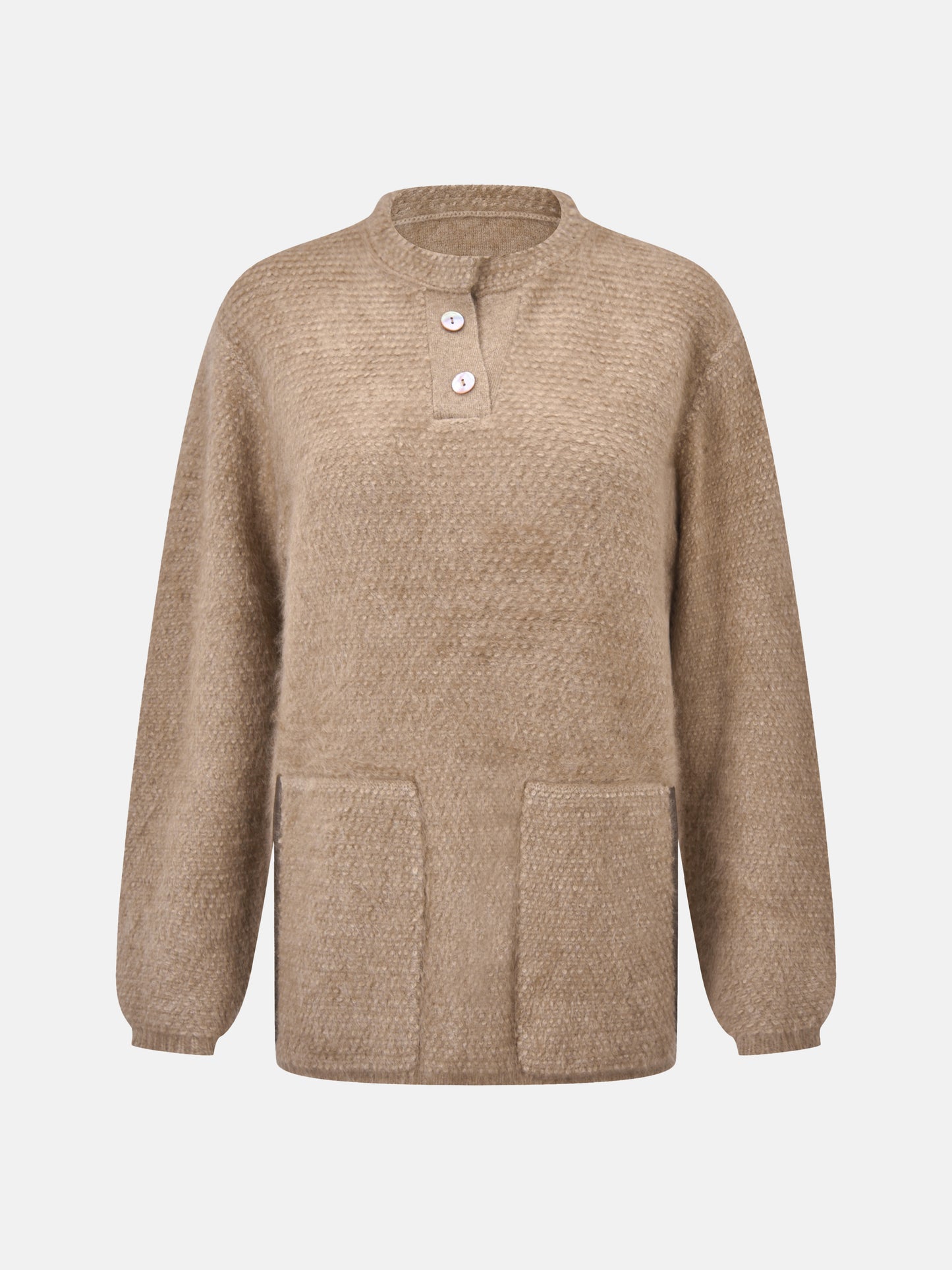 SELVANE Cashmere Textured Henley Sweater in a relaxed fit, featuring a clean round neck, subtle button placket, and visible pebbled texture, designed for calm daily wear.