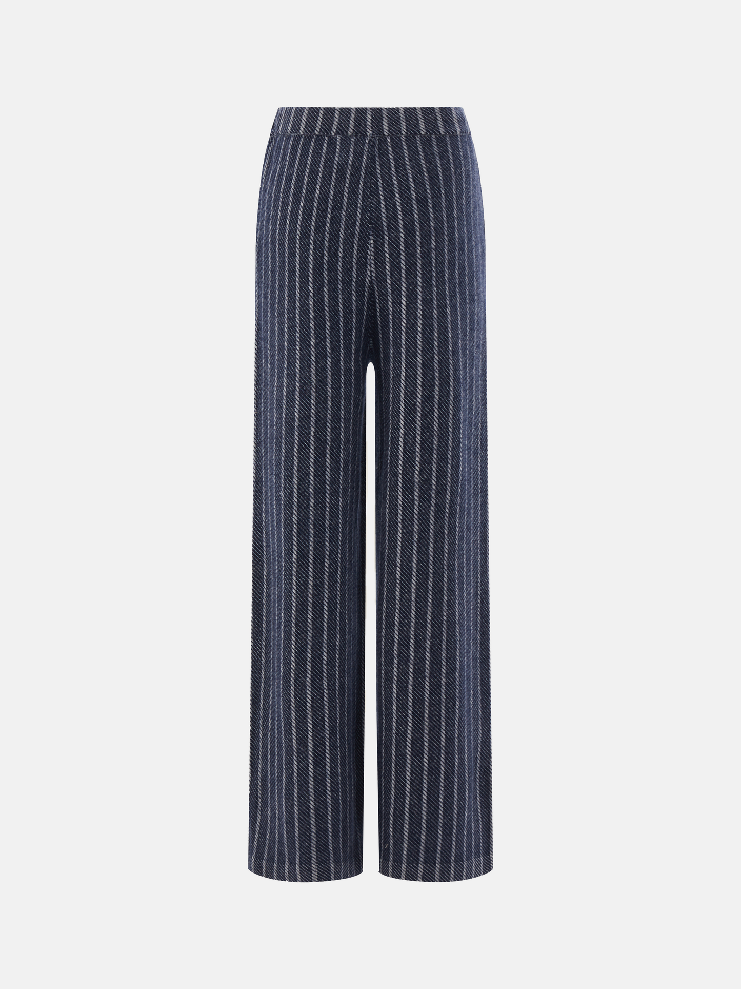 Full-length navy striped cashmere drawstring trousers with a relaxed, straight leg, shown draped cleanly.