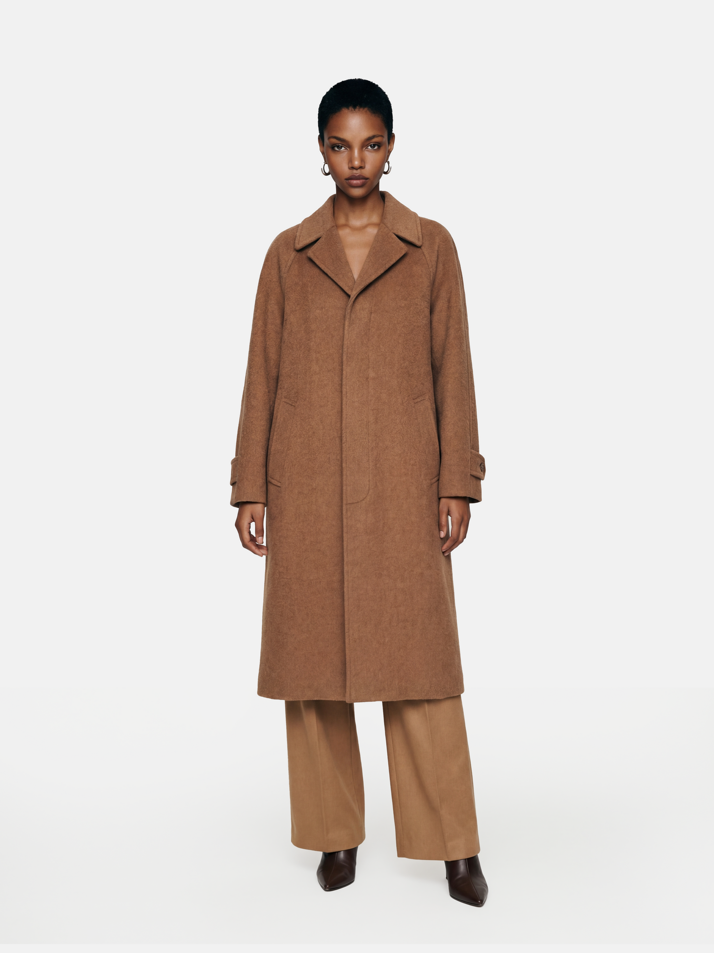SELVANE Camel Wool-Alpaca Raglan Coat, knee-length, straight silhouette, sharp collar, rich camel color.