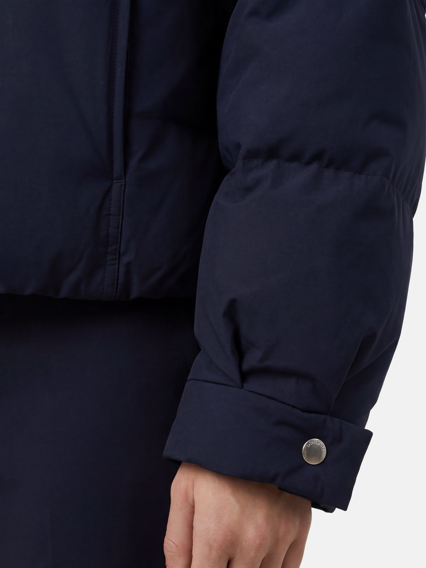 SELVANE High-Neck Bomber Down Jacket in black, featuring an exaggerated high collar and rounded silhouette, refined matte finish.