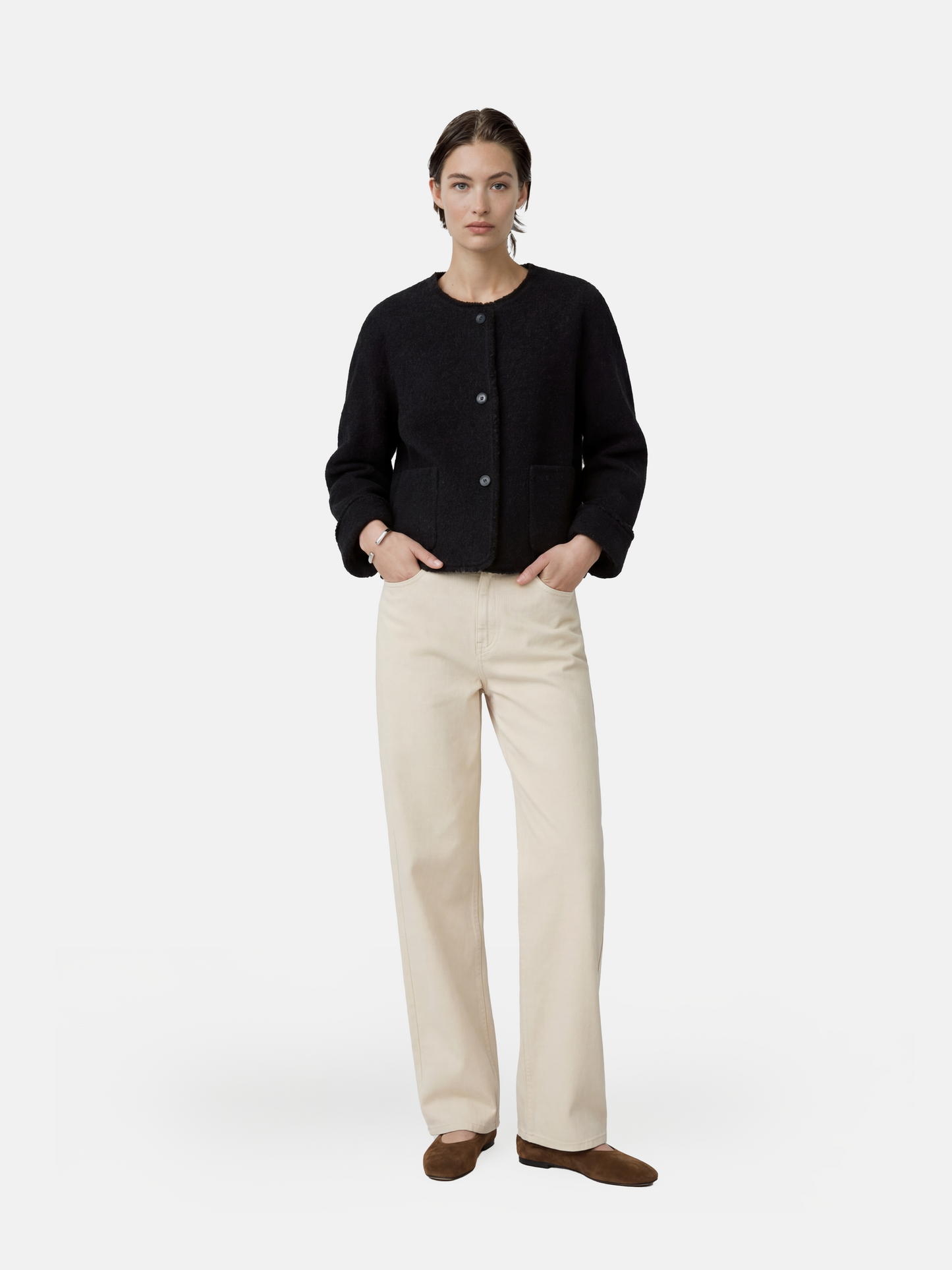 SELVANE Pure Wool Cropped Jacket in a clean round neck, soft boxy lines, and high-hip proportion, showcasing a composed drape.