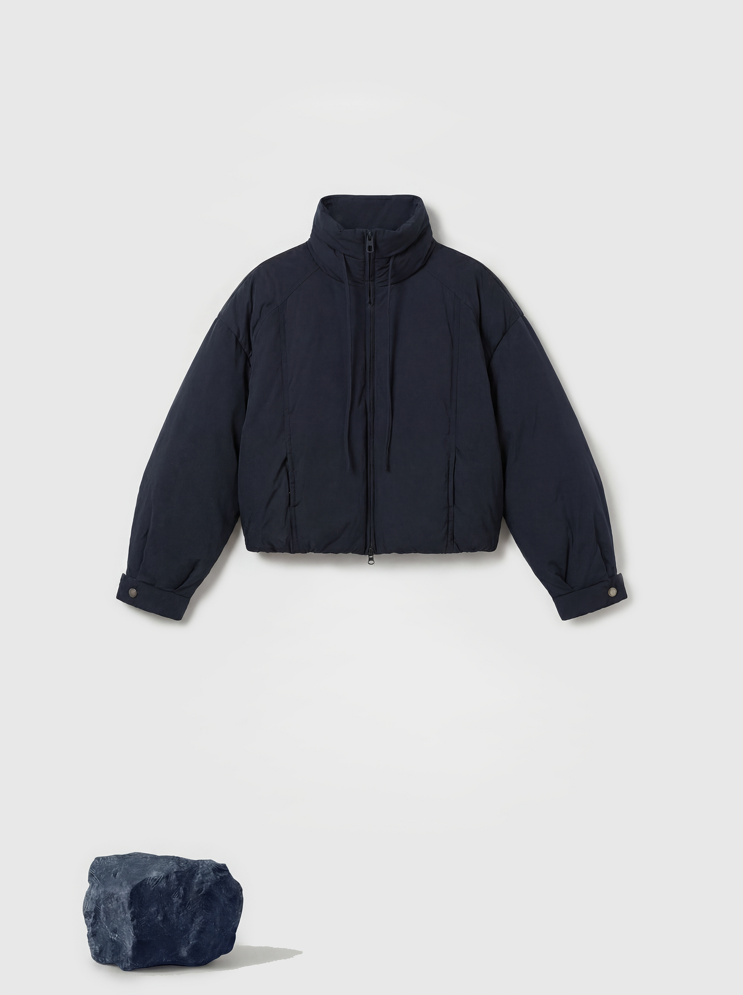 SELVANE High-Neck Bomber Down Jacket in black, featuring an exaggerated high collar and rounded silhouette, refined matte finish.