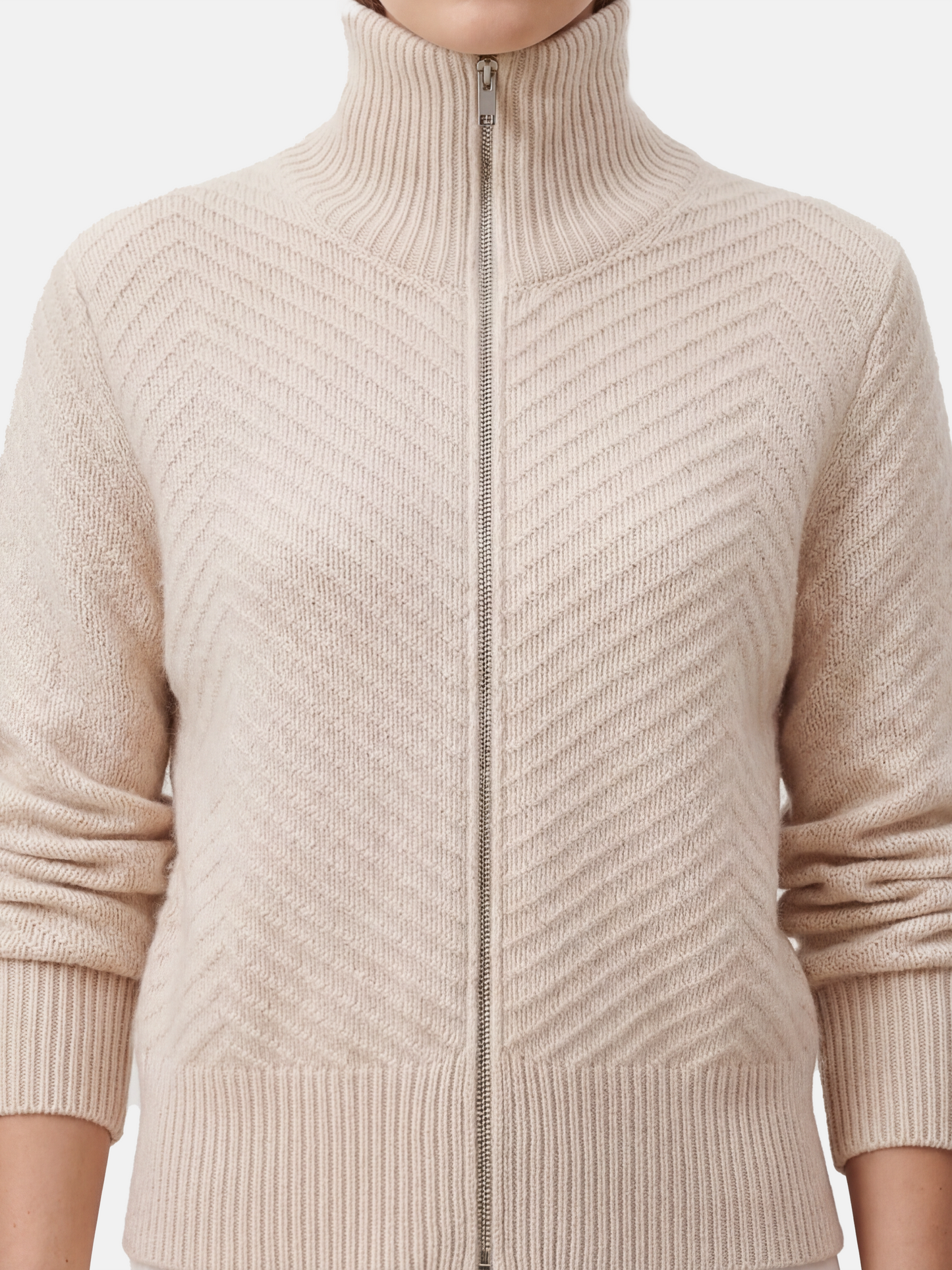 SELVANE herringbone cashmere zip-up cardigan sweater with high ribbed collar, relaxed fit, and chevron knit texture.
