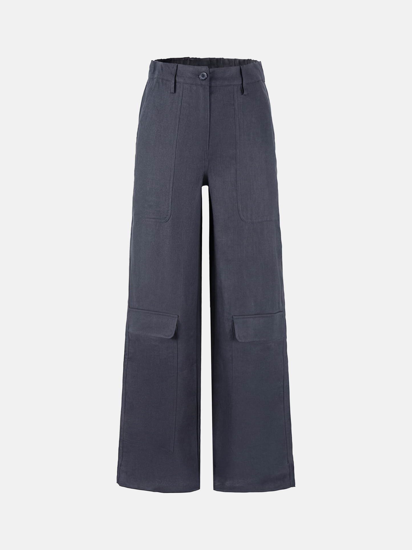 SELVANE Crisp Linen Work Pants, wide and straight cut, subtle utility pockets, on model, highlighting clear vertical lines and composed silhouette.