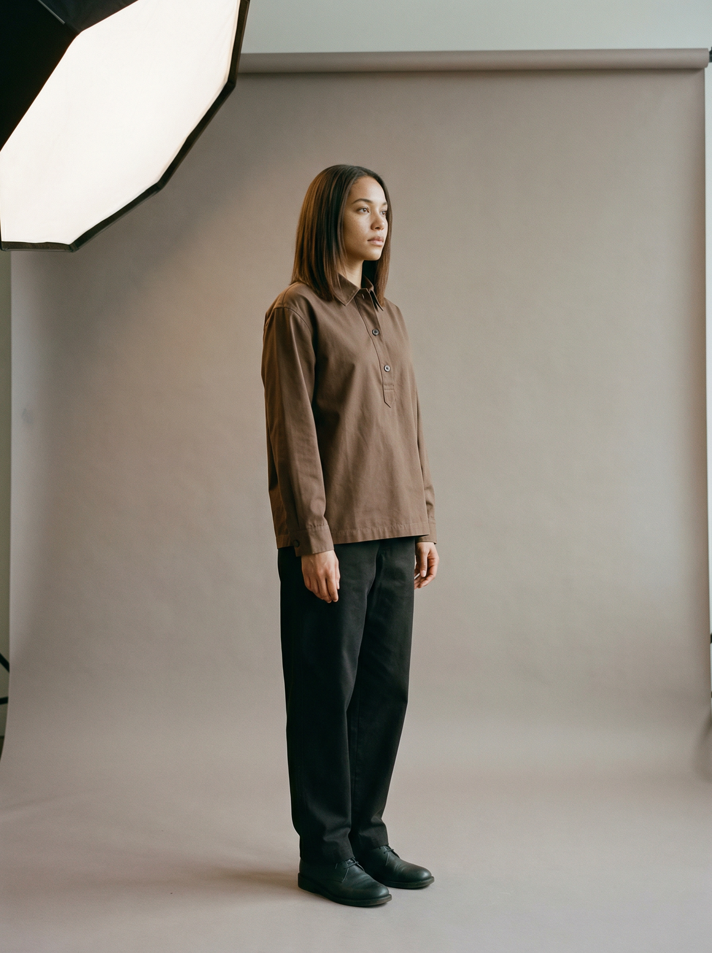 SELVANE Pure Cotton Workwear Shirt in coffee brown, featuring a relaxed silhouette and structured yet soft fabric.