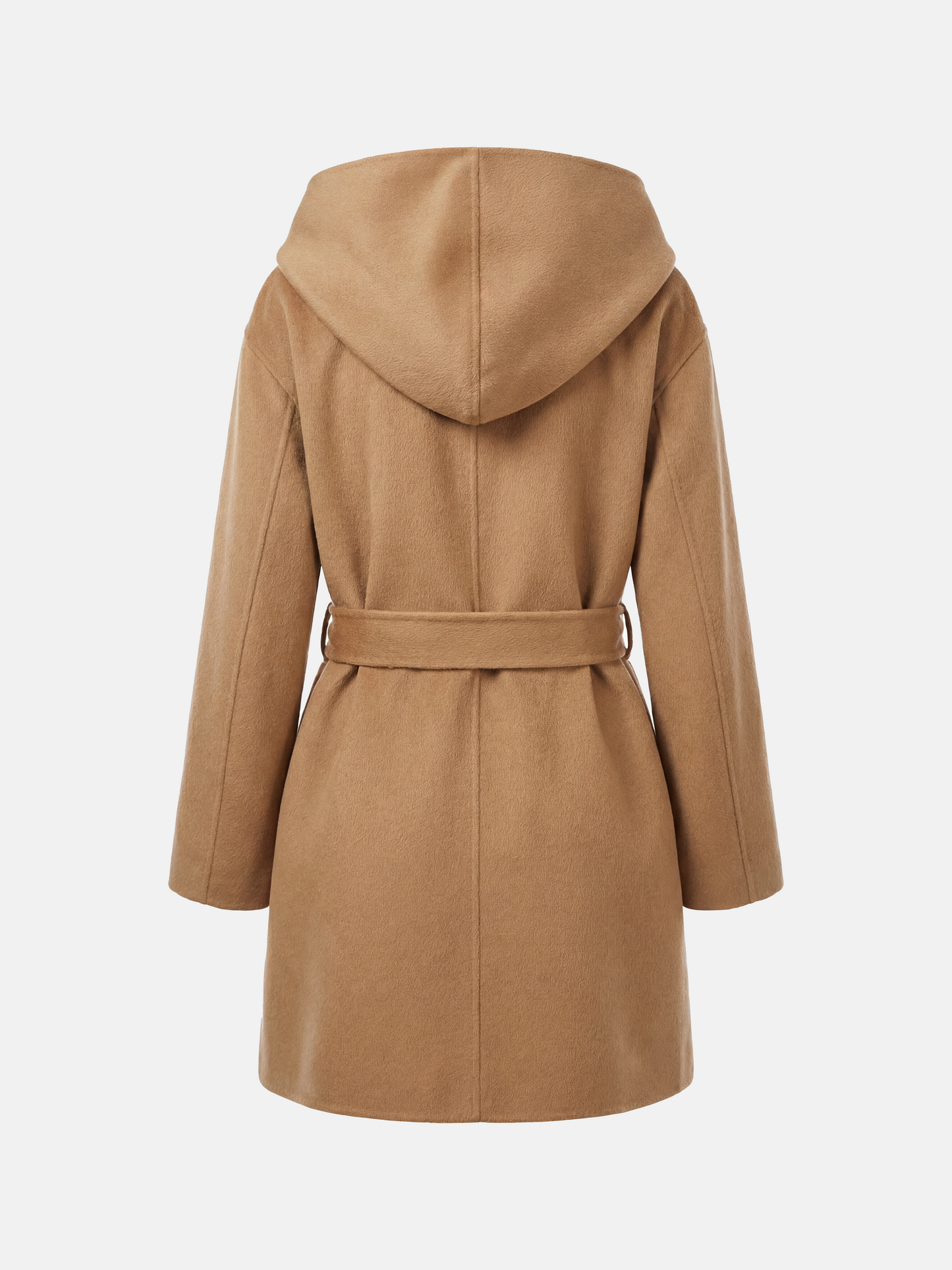 SELVANE Wool-Cashmere Hooded Belted Coat in a relaxed fit, featuring a wrap front and self-tie belt, shown on a model.