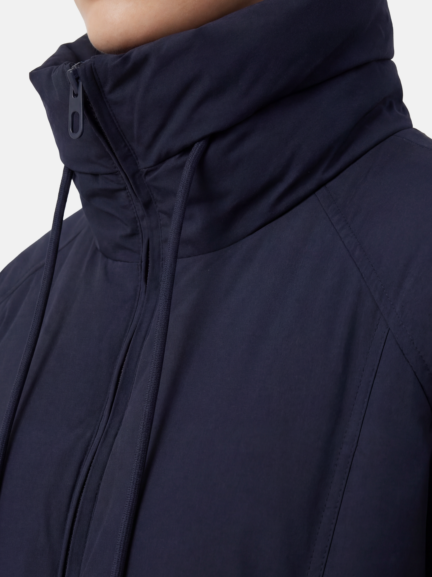 SELVANE High-Neck Bomber Down Jacket in black, featuring an exaggerated high collar and rounded silhouette, refined matte finish.