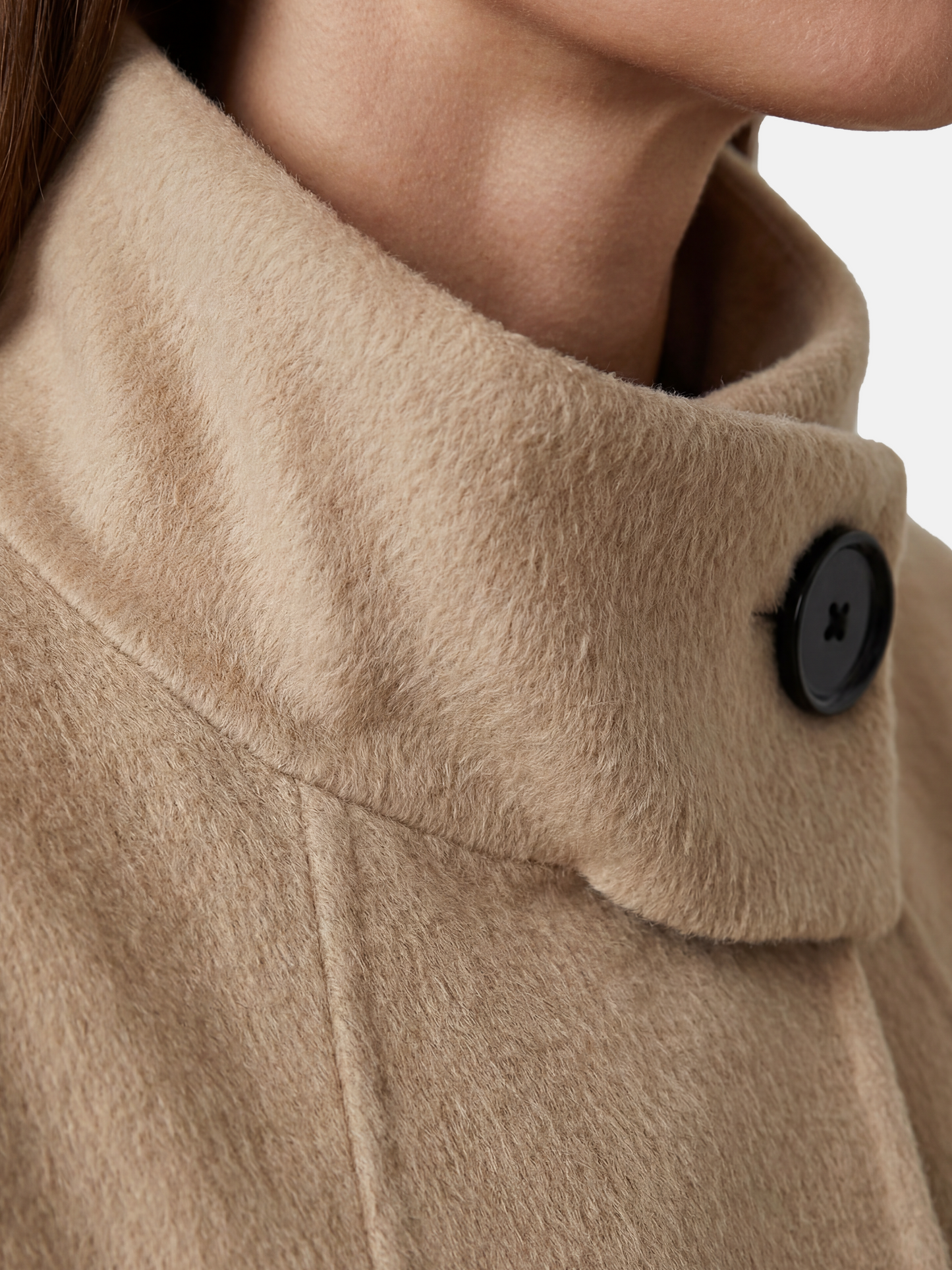 SELVANE Camel Hair Long Coat, featuring a high collar, double-button closure, and elegant straight silhouette.