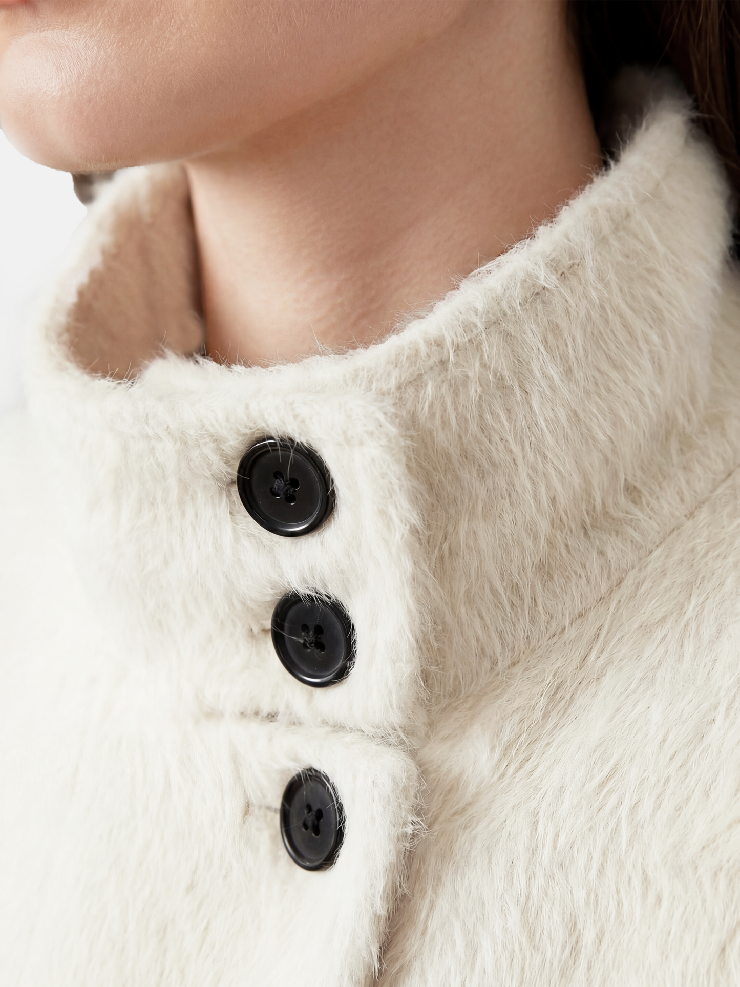 Ivory Baby Alpaca Wool Stand-Collar Coat by SELVANE, featuring a straight, oversized silhouette and three-button closure.