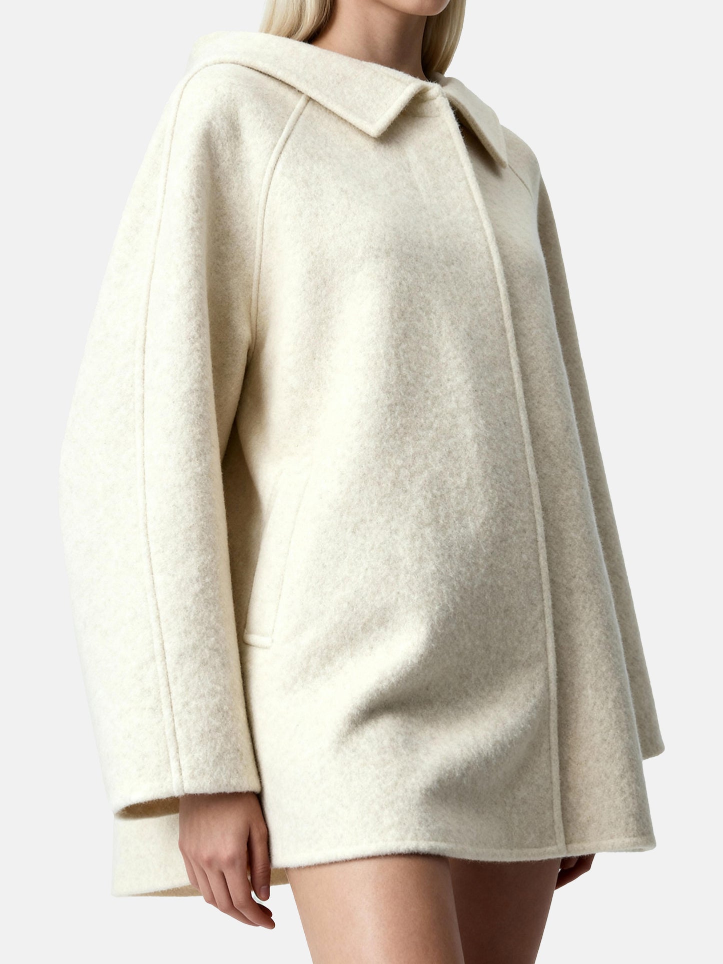 SELVANE cream wool-cashmere hooded coat, A-line silhouette, oversized hood, elegant and serene.