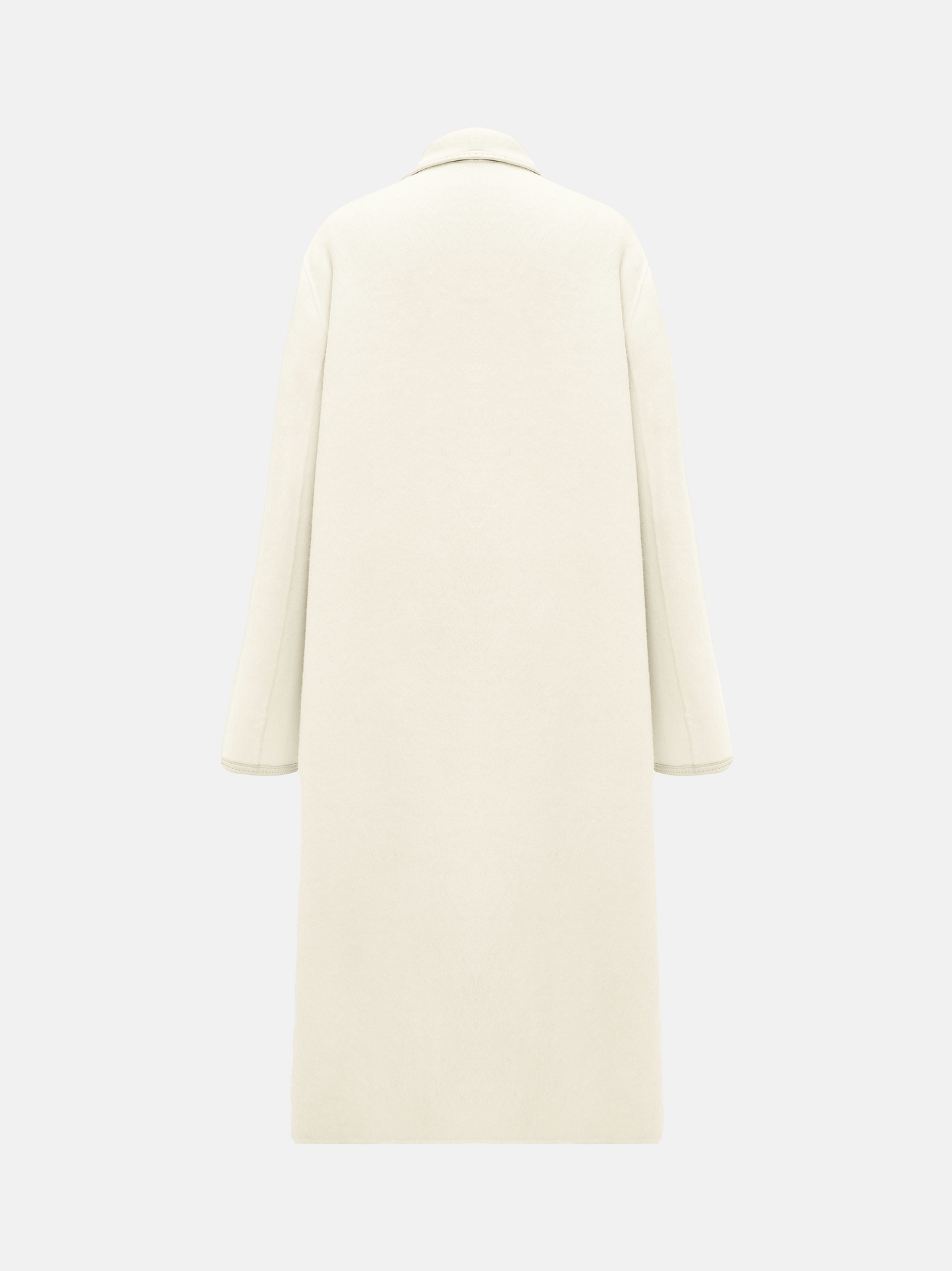 SELVANE Belted Wool Long Coat in a soft wool-llama blend, featuring a fluid drape and clean topstitched edges, worn by a model in a composed stance.