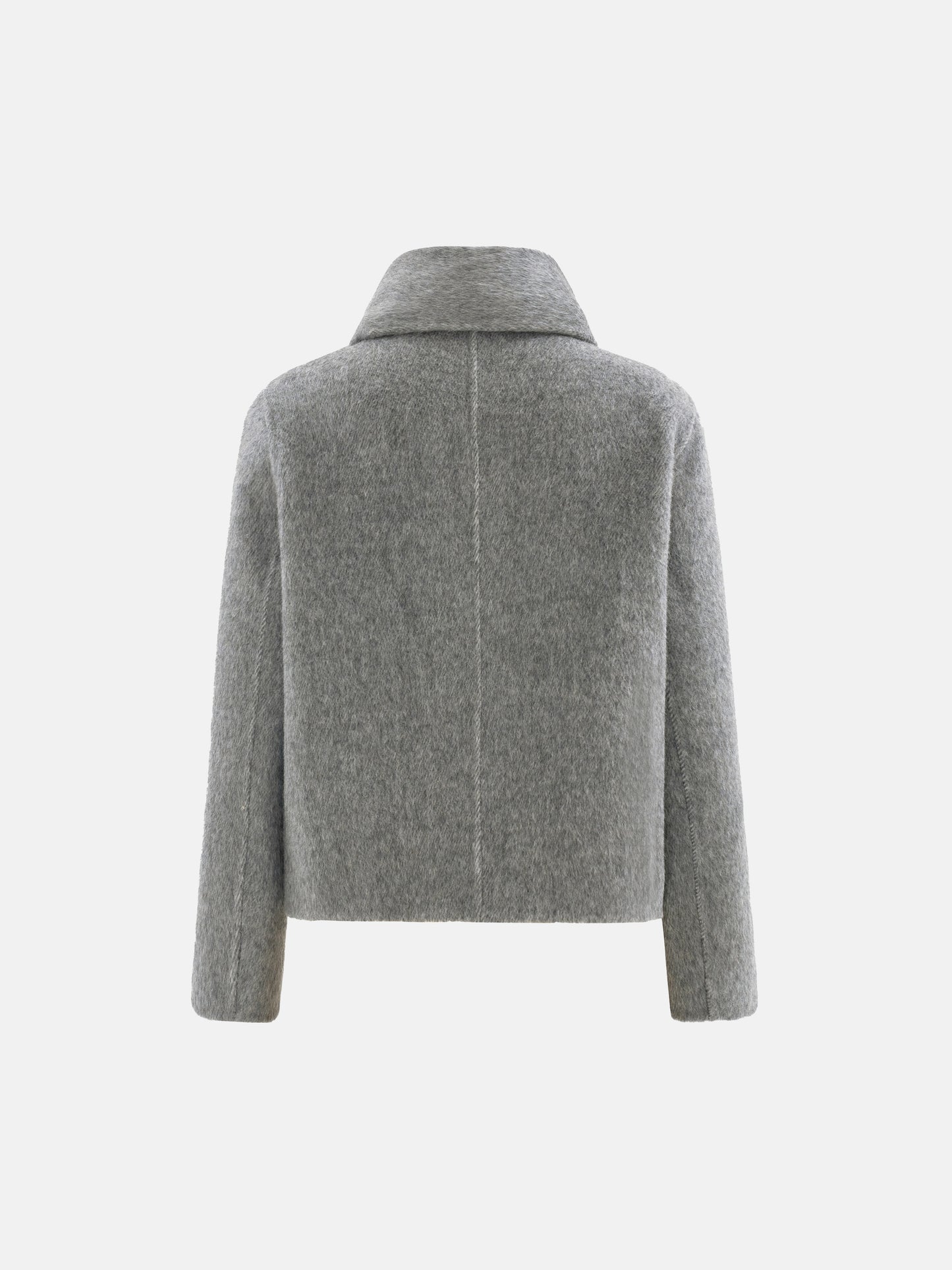 Cropped double-breasted wool-alpaca jacket with integrated scarf collar, styled on a model, front view.