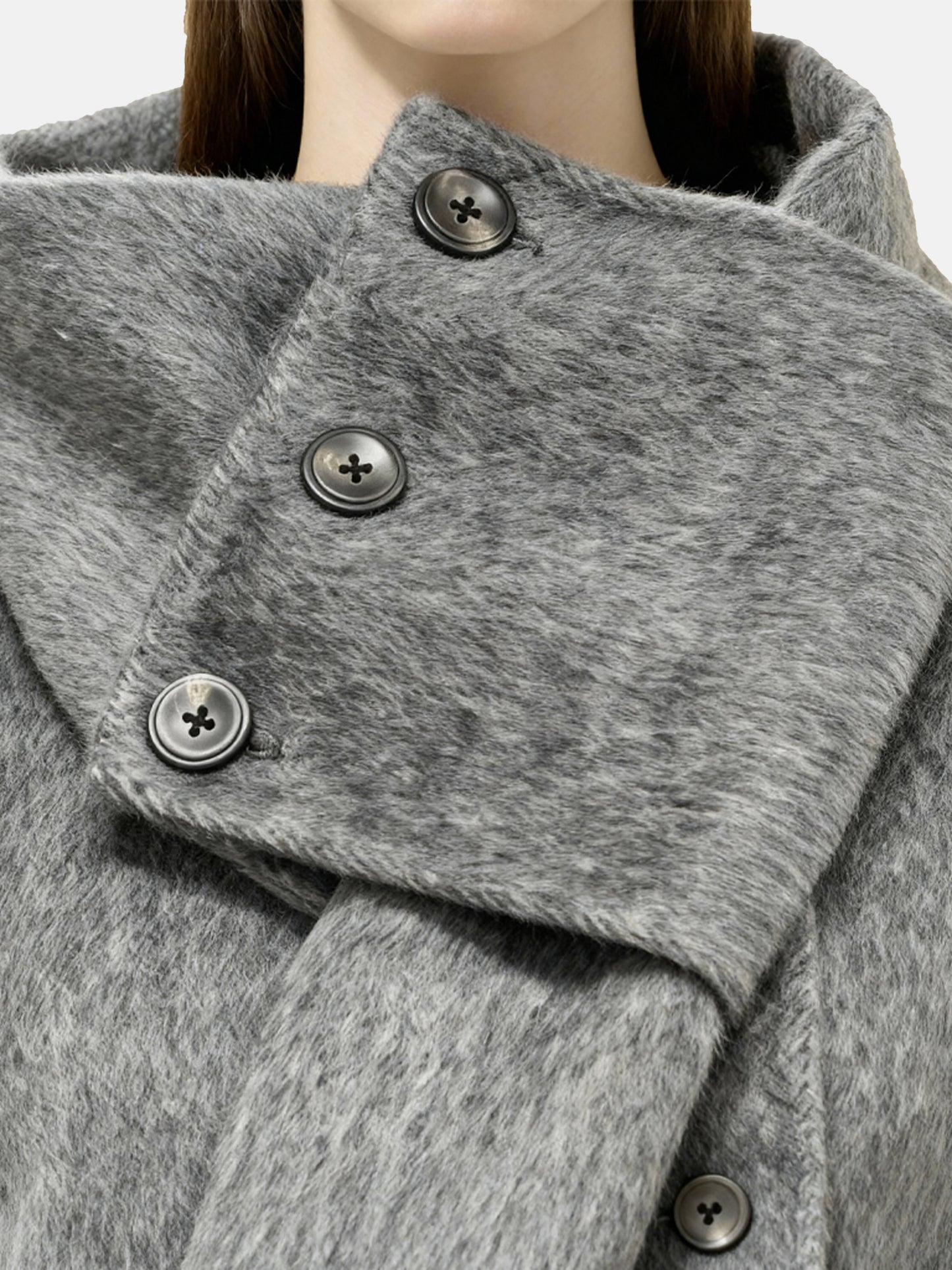Cropped double-breasted wool-alpaca jacket with integrated scarf collar, styled on a model, front view.