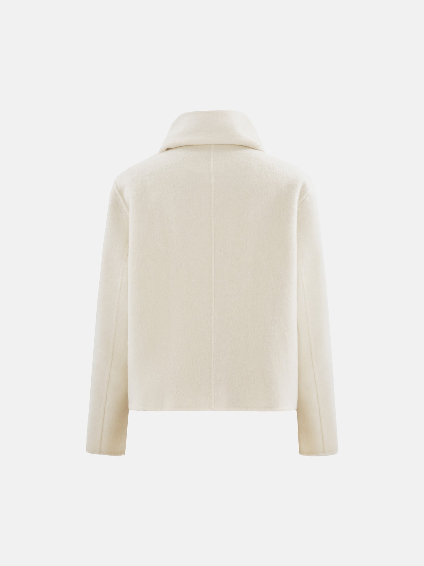 Cropped double-breasted wool-alpaca jacket with integrated scarf collar, styled on a model, front view.