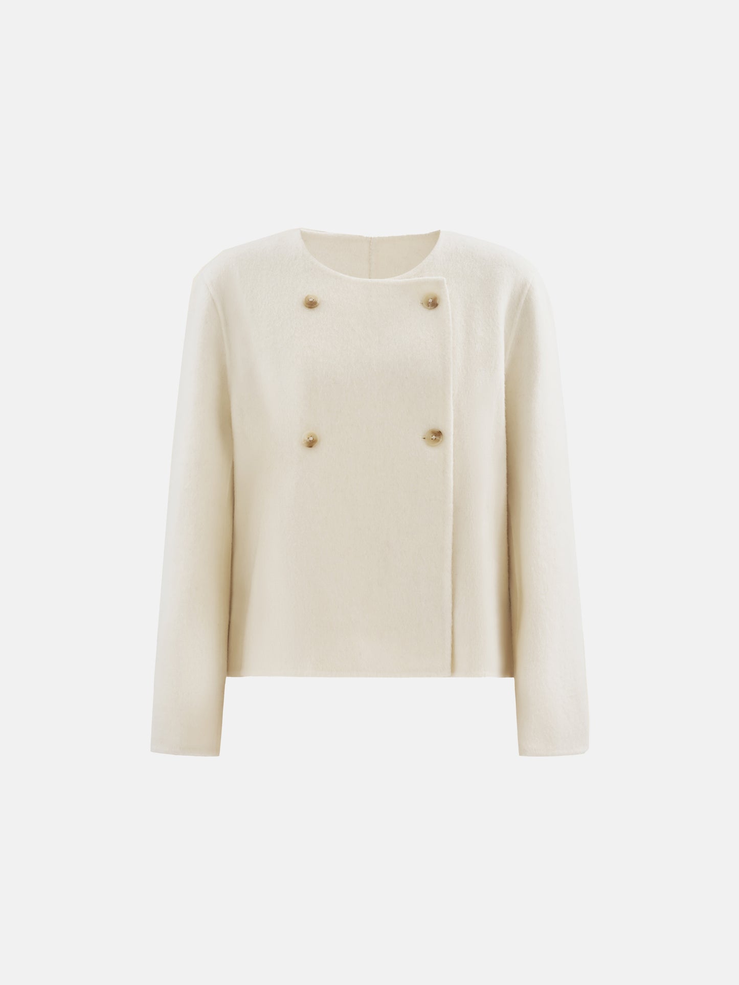 Cropped double-breasted wool-alpaca jacket with integrated scarf collar, styled on a model, front view.