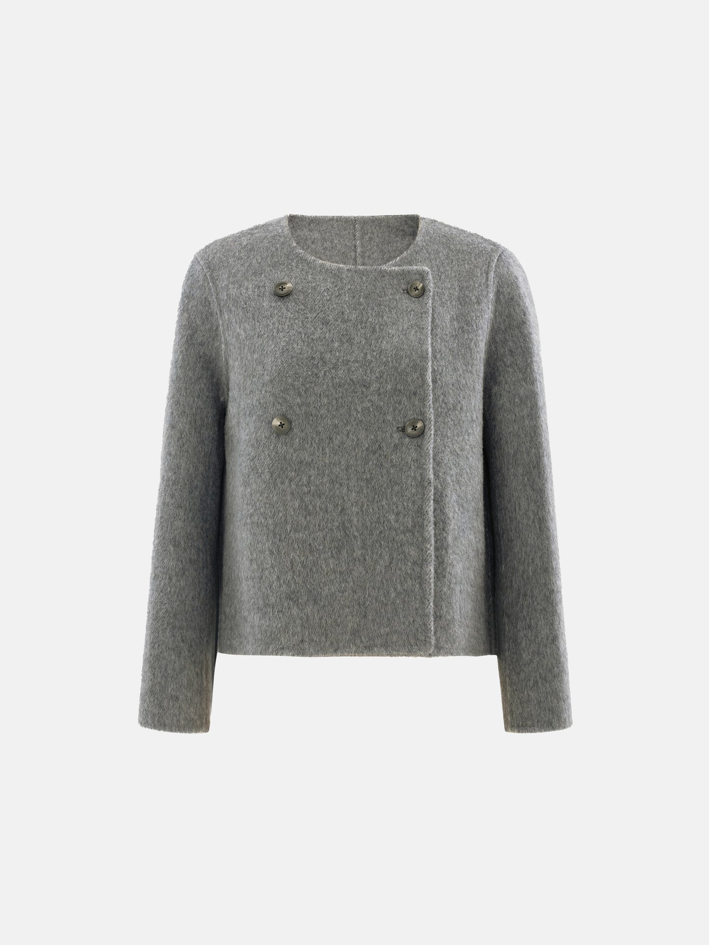 Cropped double-breasted wool-alpaca jacket with integrated scarf collar, styled on a model, front view.