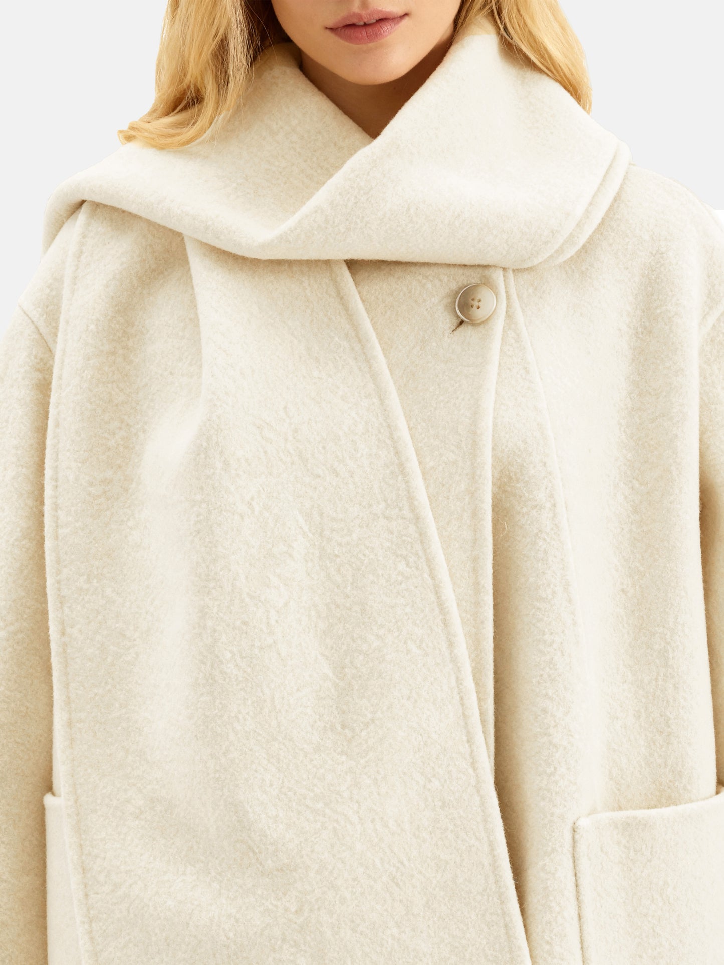 SELVANE Structured Wool Wrap Coat in a neutral tone, featuring a built-in scarf neckline and clean lines, draped elegantly on a figure.