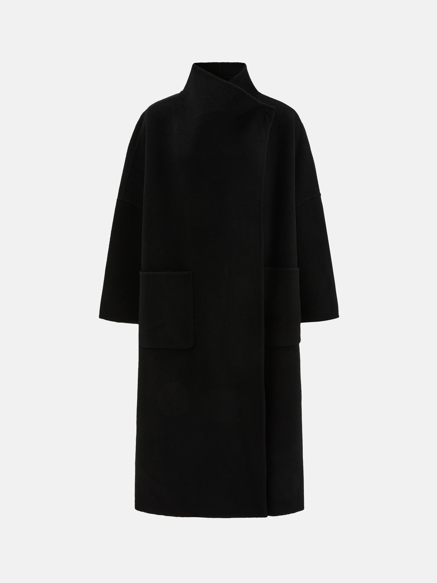 SELVANE Draped Merino Wool Long Coat, open-front, showcasing fluid drape and elongated silhouette on a model.