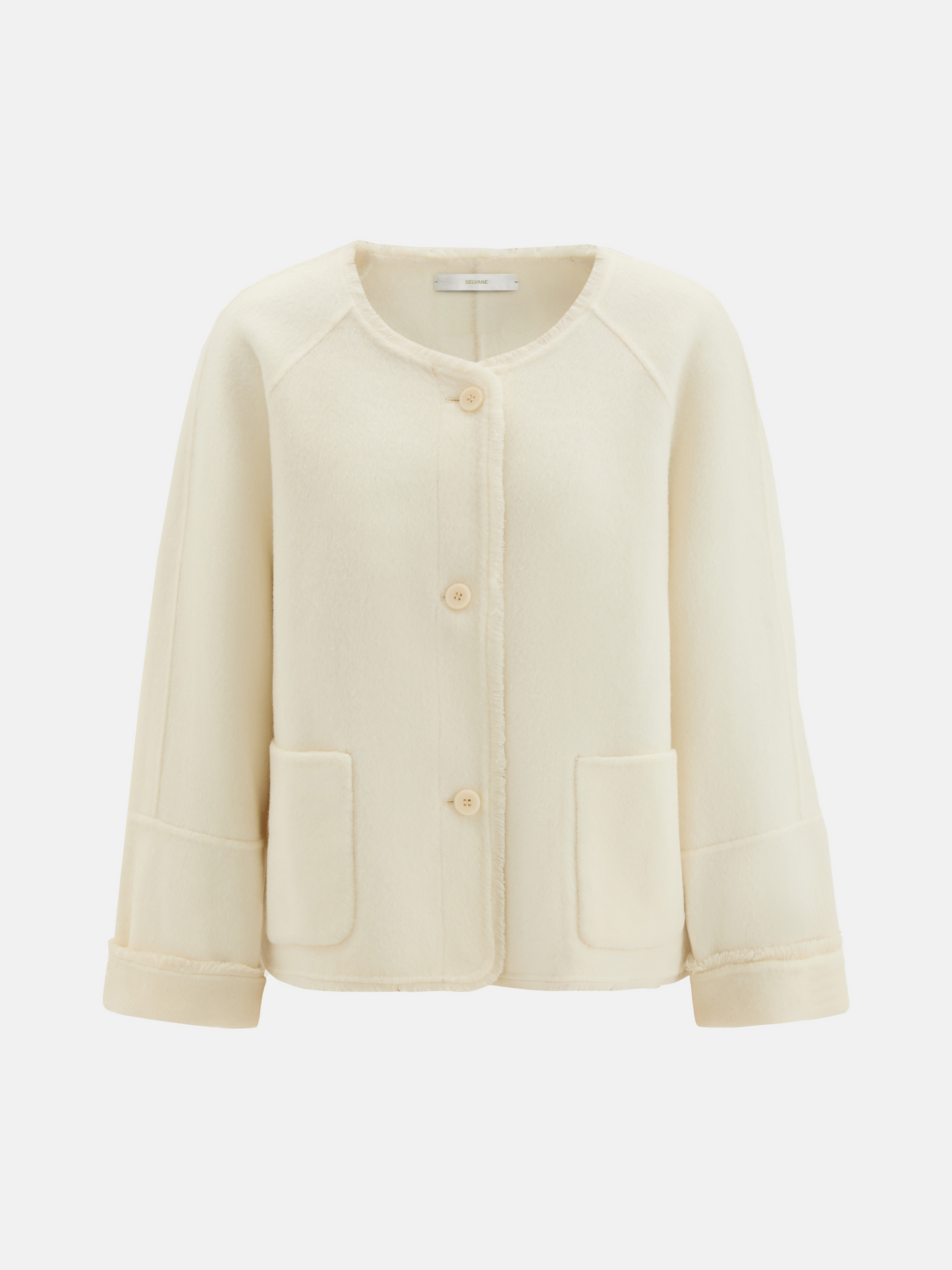 SELVANE Pure Wool Cropped Jacket in a clean round neck, soft boxy lines, and high-hip proportion, showcasing a composed drape.