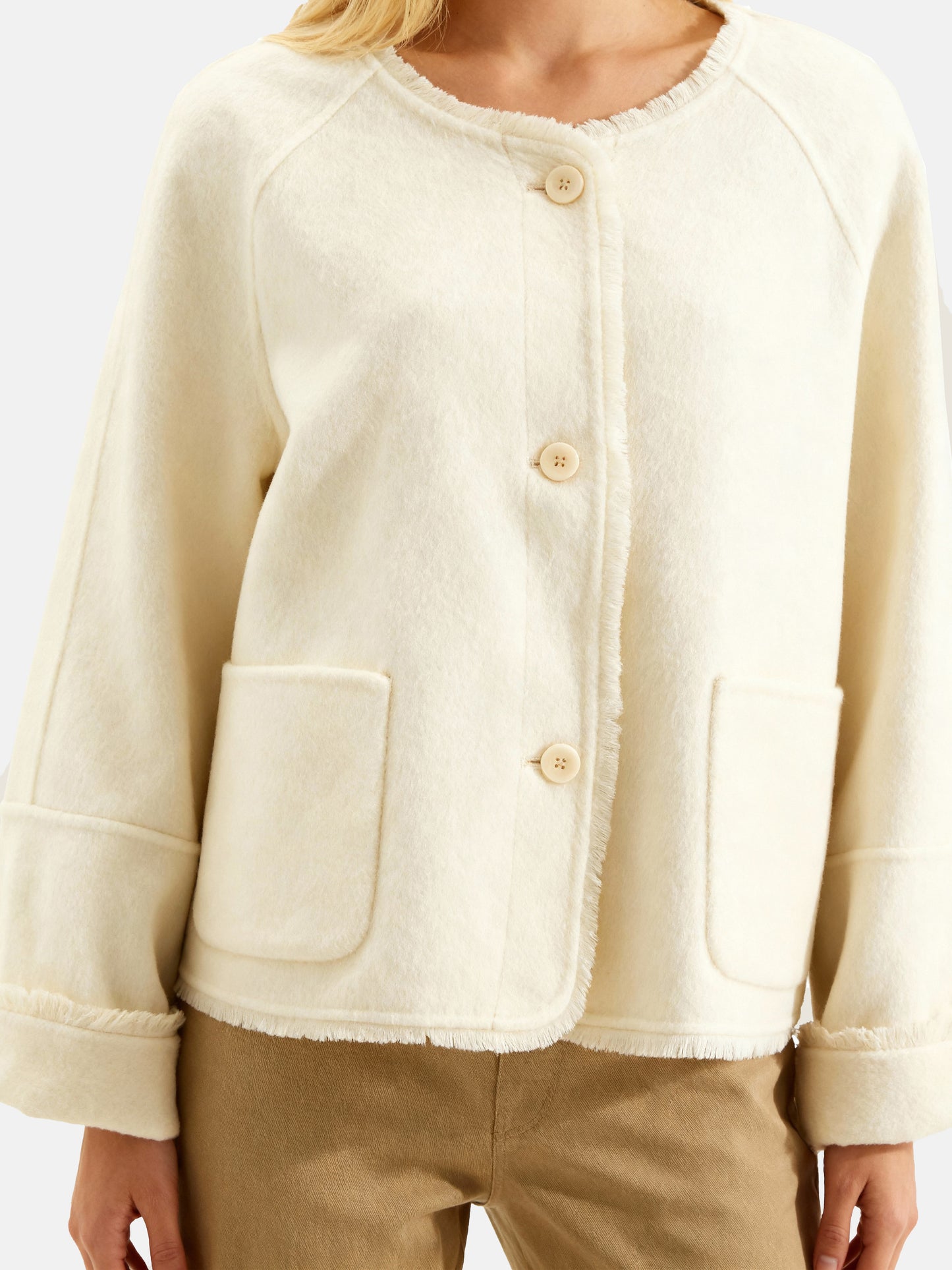 SELVANE Pure Wool Cropped Jacket in a clean round neck, soft boxy lines, and high-hip proportion, showcasing a composed drape.