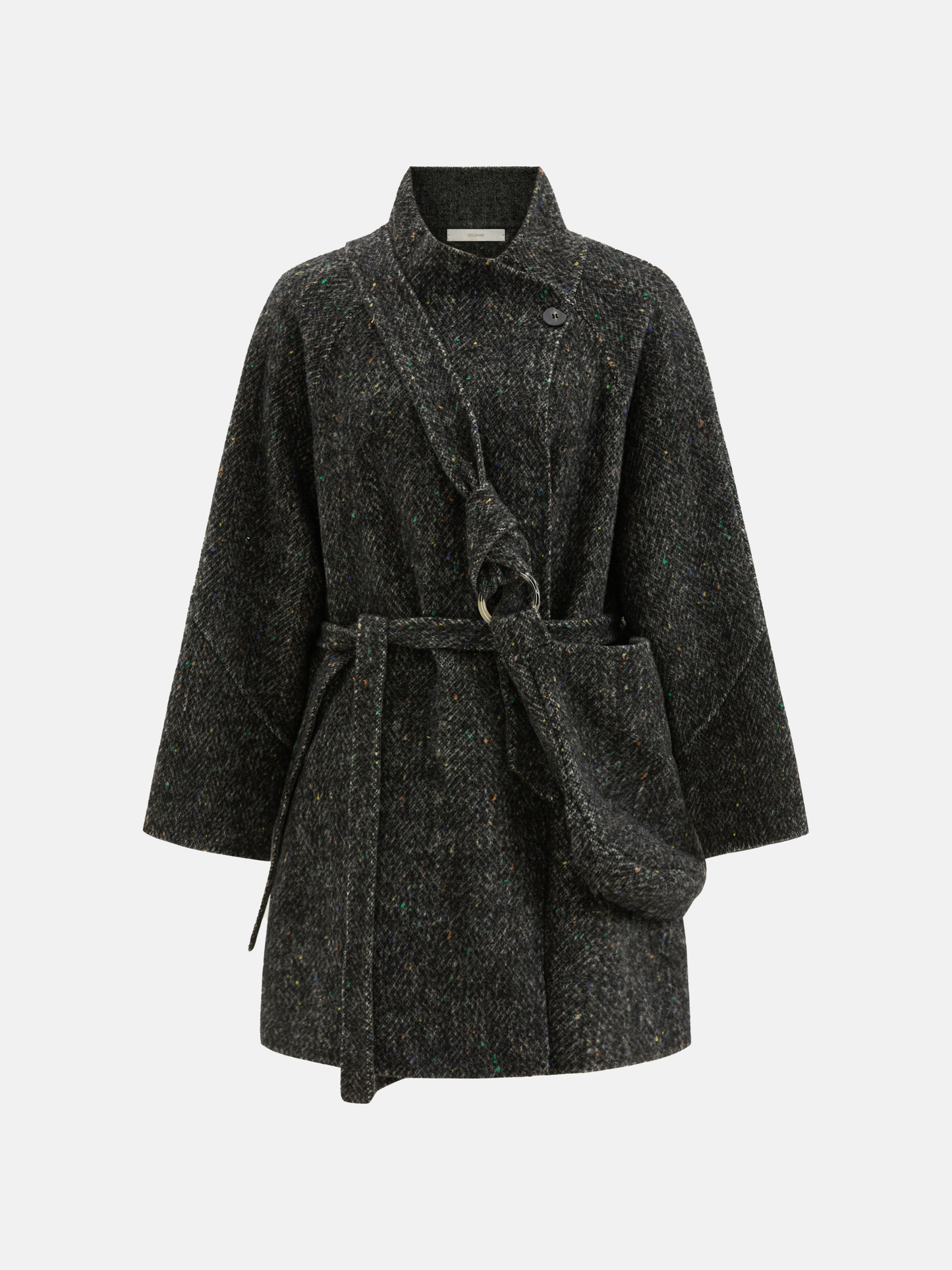 SELVANE grey textured wrap coat featuring a high collar, asymmetric button closure, and self-tie belt.
