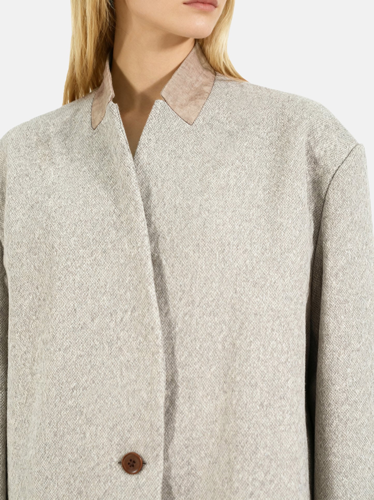 SELVANE Structured V-Neck Tailored Jacket, cropped and boxy with a clean V-neck, tonal contrast collar, and natural horn buttons.