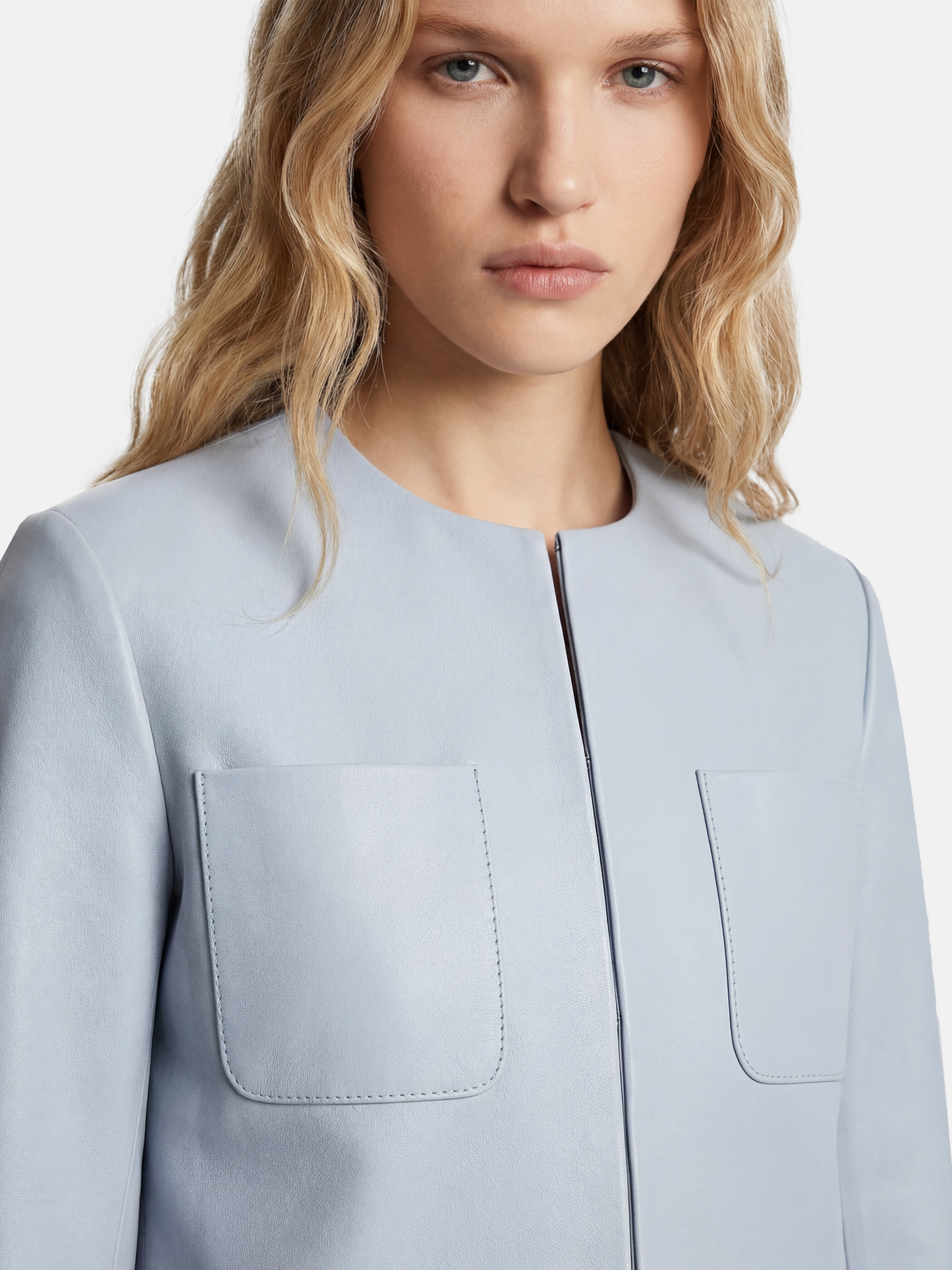 SELVANE Celeste lambskin cropped jacket in Glacier Veil, featuring architectural precision and a refined silhouette.