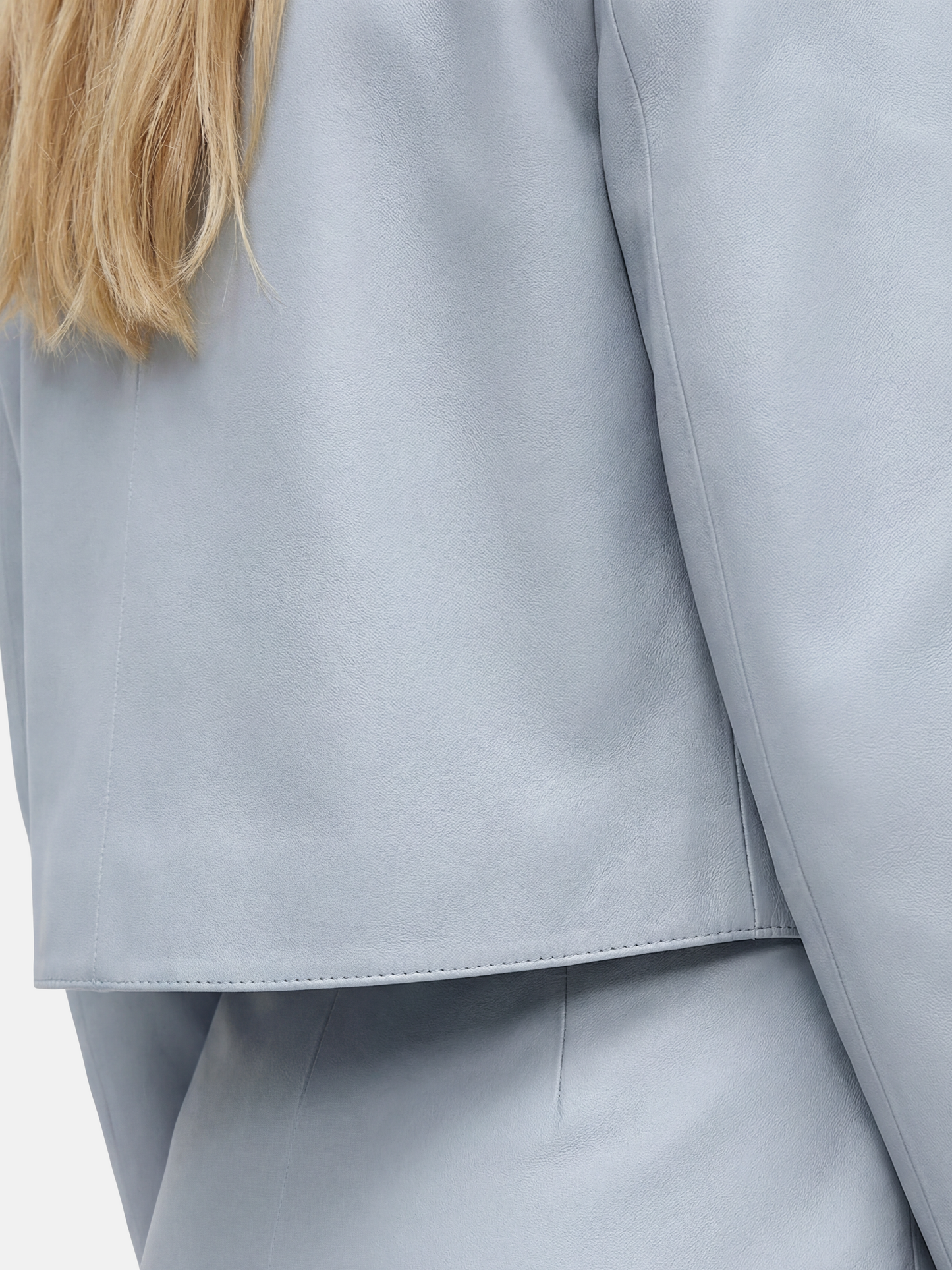 SELVANE Celeste lambskin cropped jacket in Glacier Veil, featuring architectural precision and a refined silhouette.