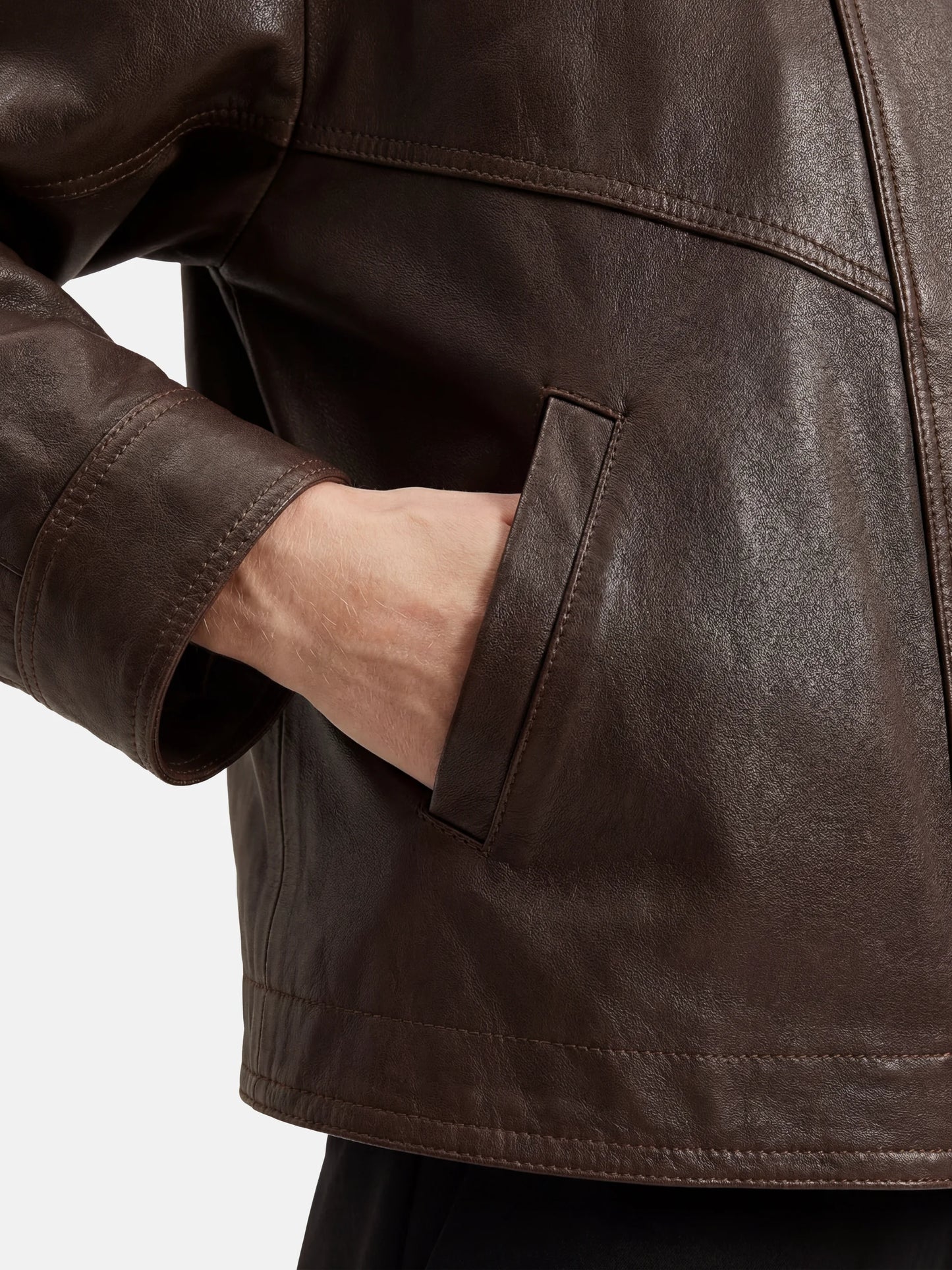 SELVANE Asymmetric Zip-Collar Lambskin Jacket in coffee-toned leather, showcasing its structural lines and urban elegance.