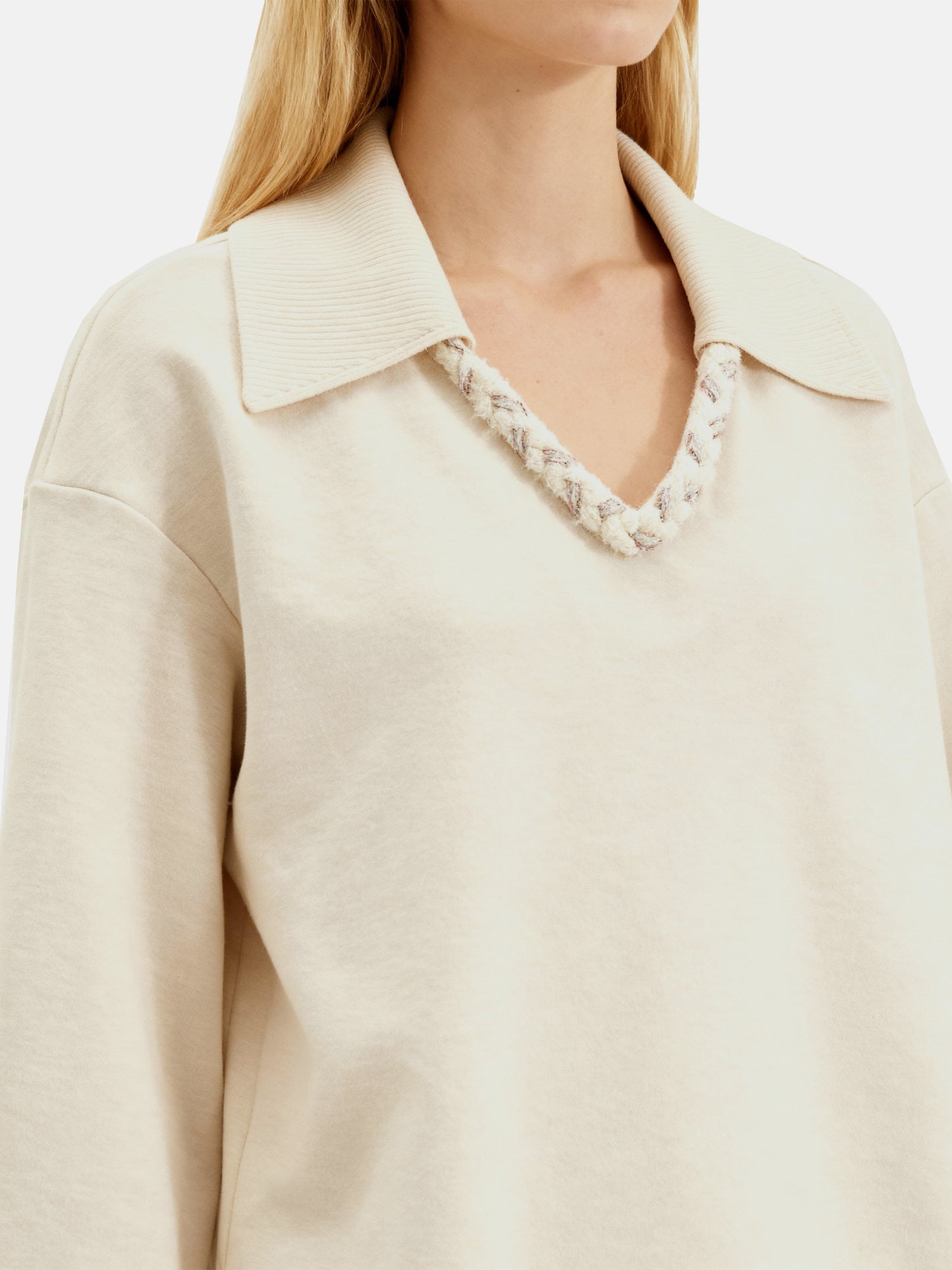 Off-white SELVANE Collared Knit Pullover and Wide-Leg Pants Set, featuring a V-neck and fluid silhouette.