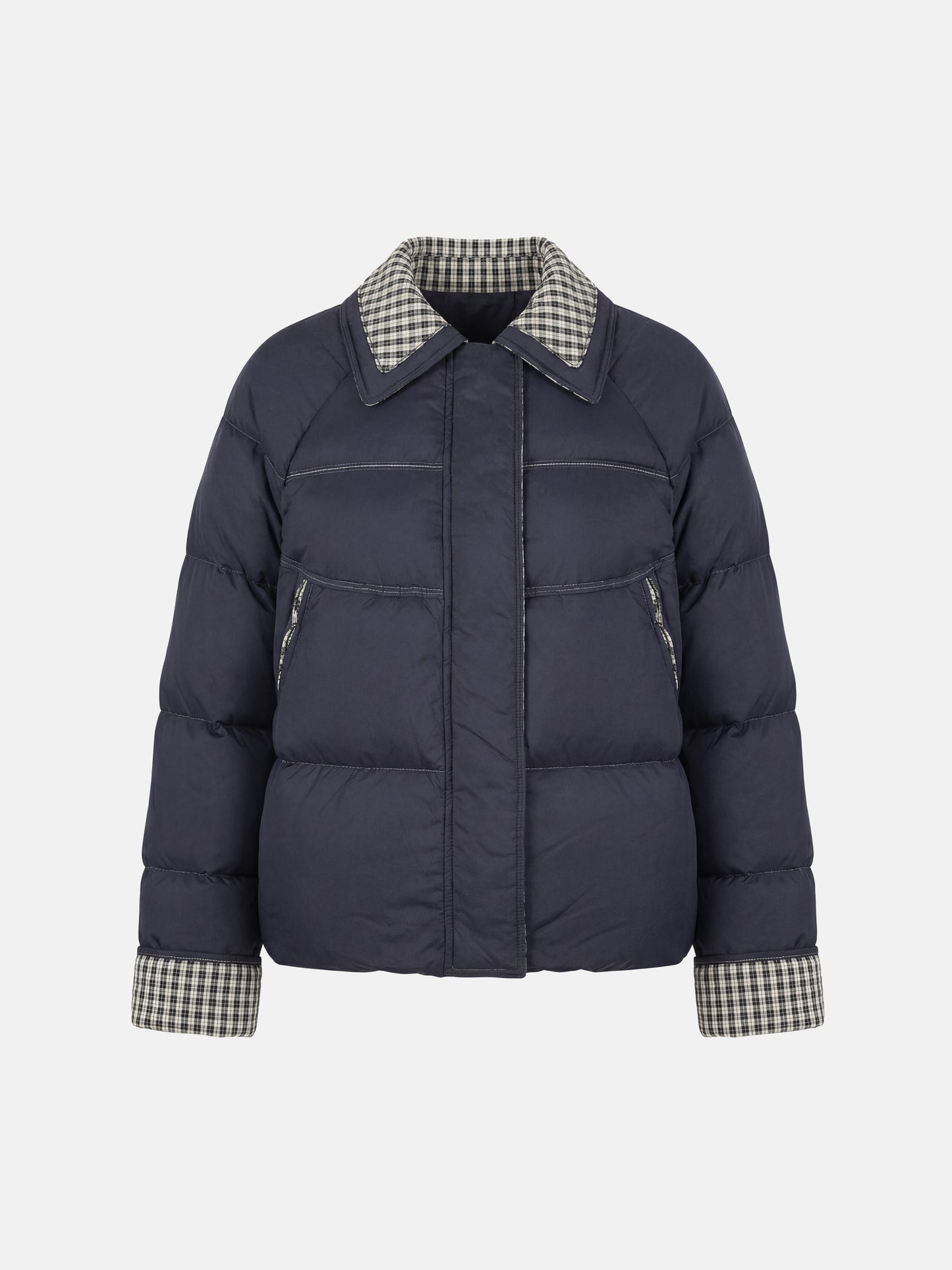 SELVANE Reversible Checker Down Jacket, boxy puffer with cropped hem, contrast check collar and cuffs, styled for urban elegance.