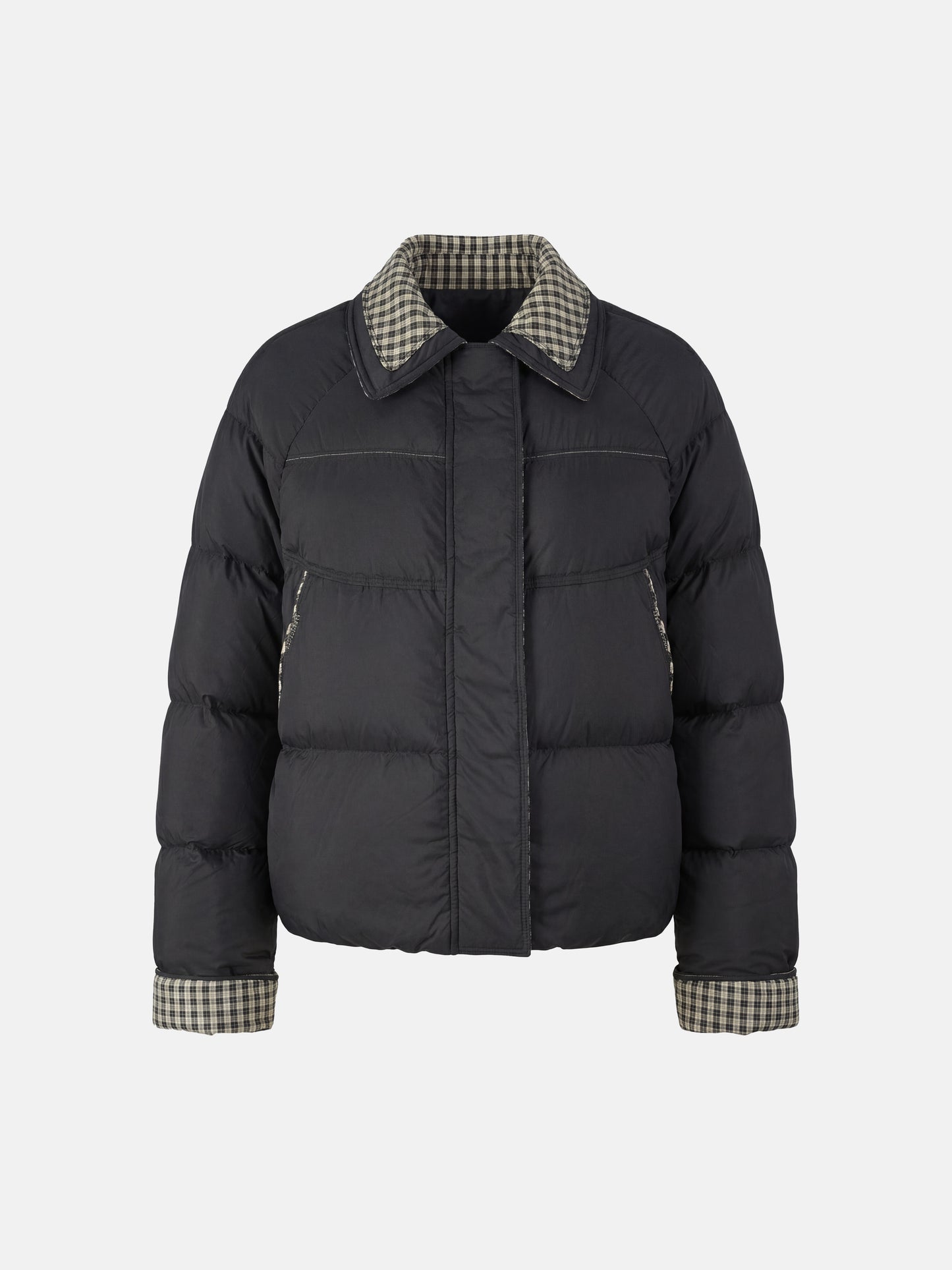 SELVANE Reversible Checker Down Jacket, boxy puffer with cropped hem, contrast check collar and cuffs, styled for urban elegance.