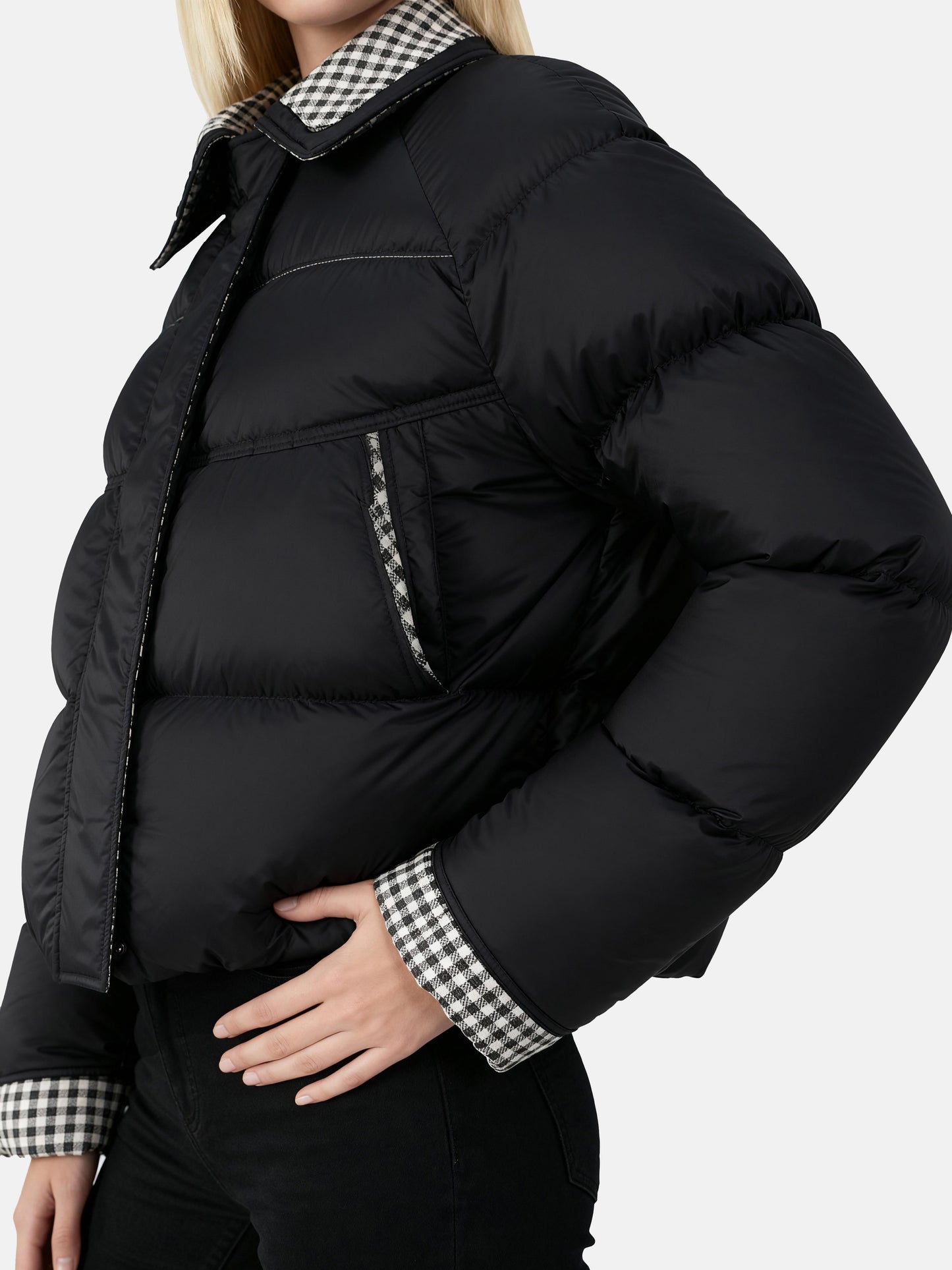 SELVANE Reversible Checker Down Jacket, boxy puffer with cropped hem, contrast check collar and cuffs, styled for urban elegance.