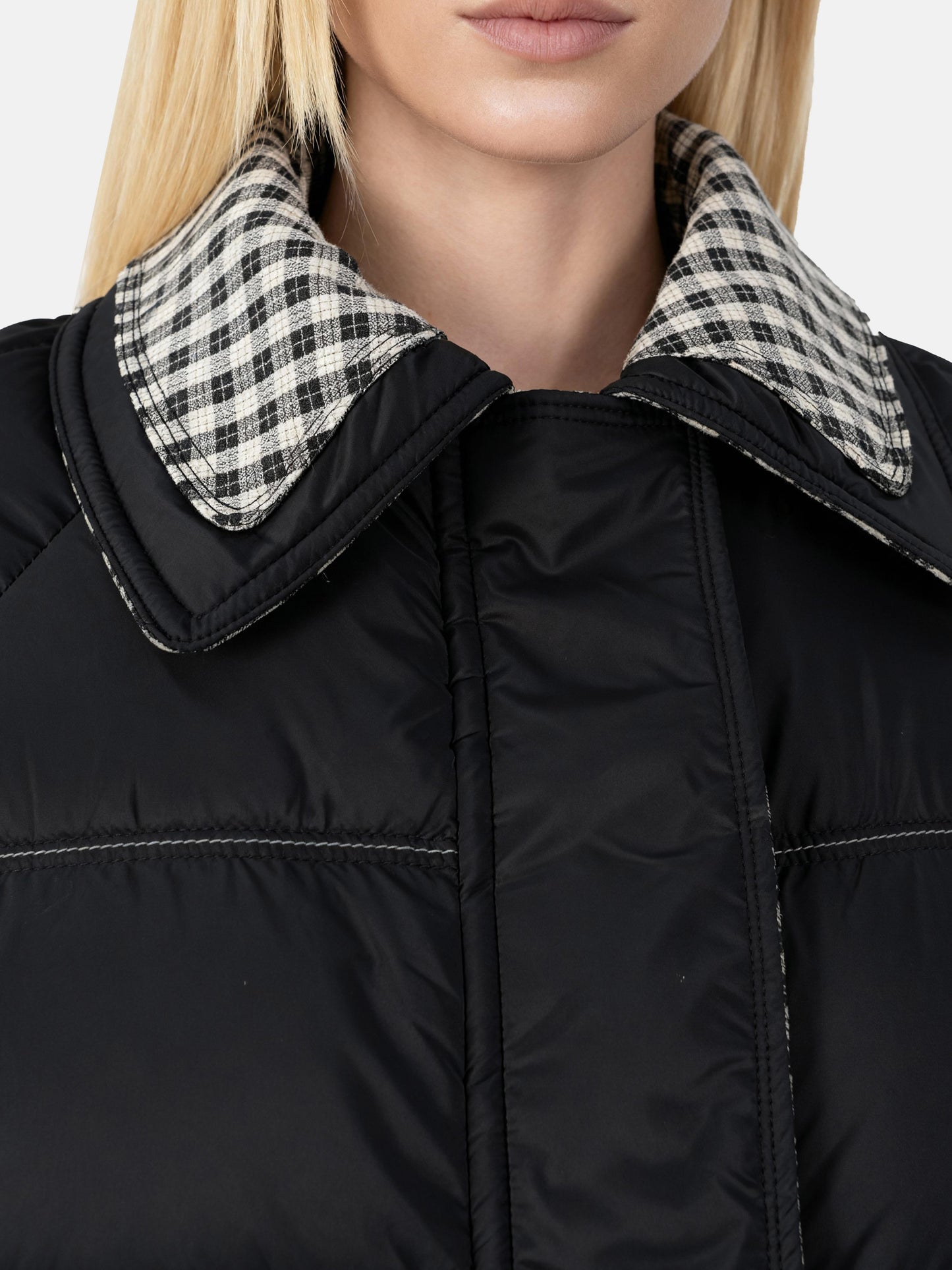 SELVANE Reversible Checker Down Jacket, boxy puffer with cropped hem, contrast check collar and cuffs, styled for urban elegance.