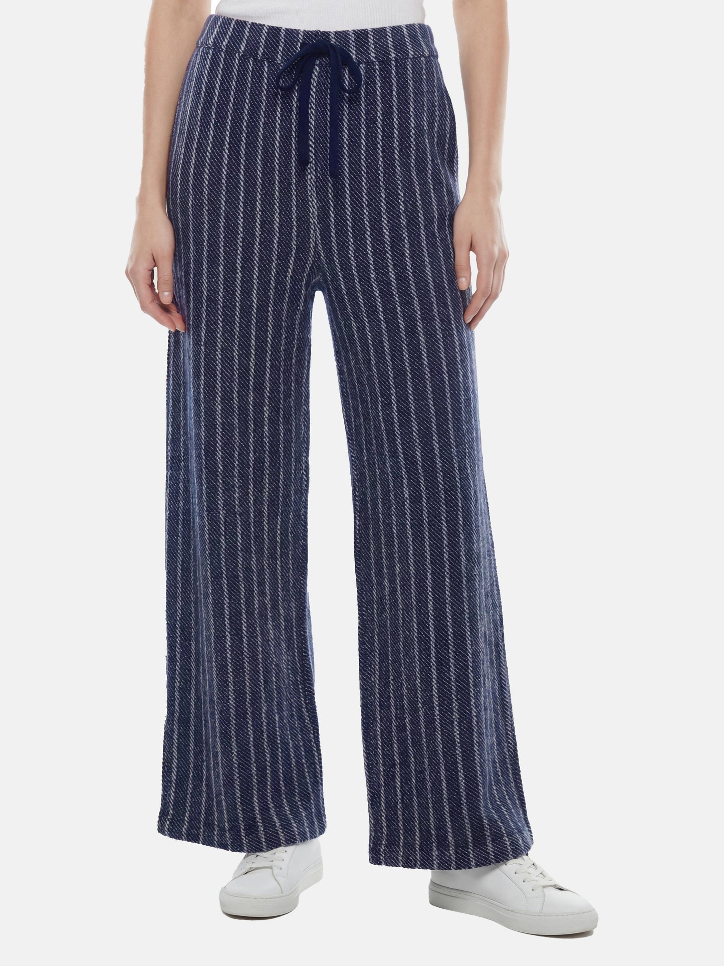 Full-length navy striped cashmere drawstring trousers with a relaxed, straight leg, shown draped cleanly.