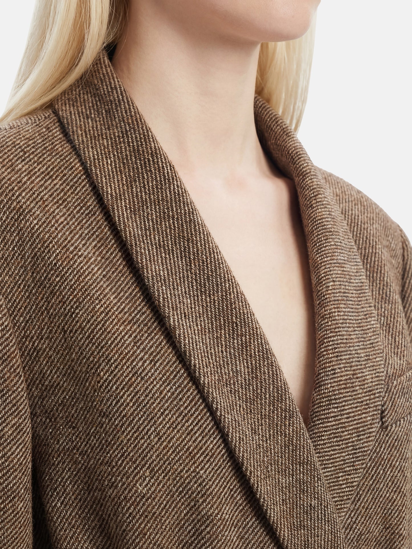 SELVANE Herringbone Belted Wool-Silk Long Coat in quiet khaki, featuring a shawl neckline and self-tie belt, shown in fluid motion.