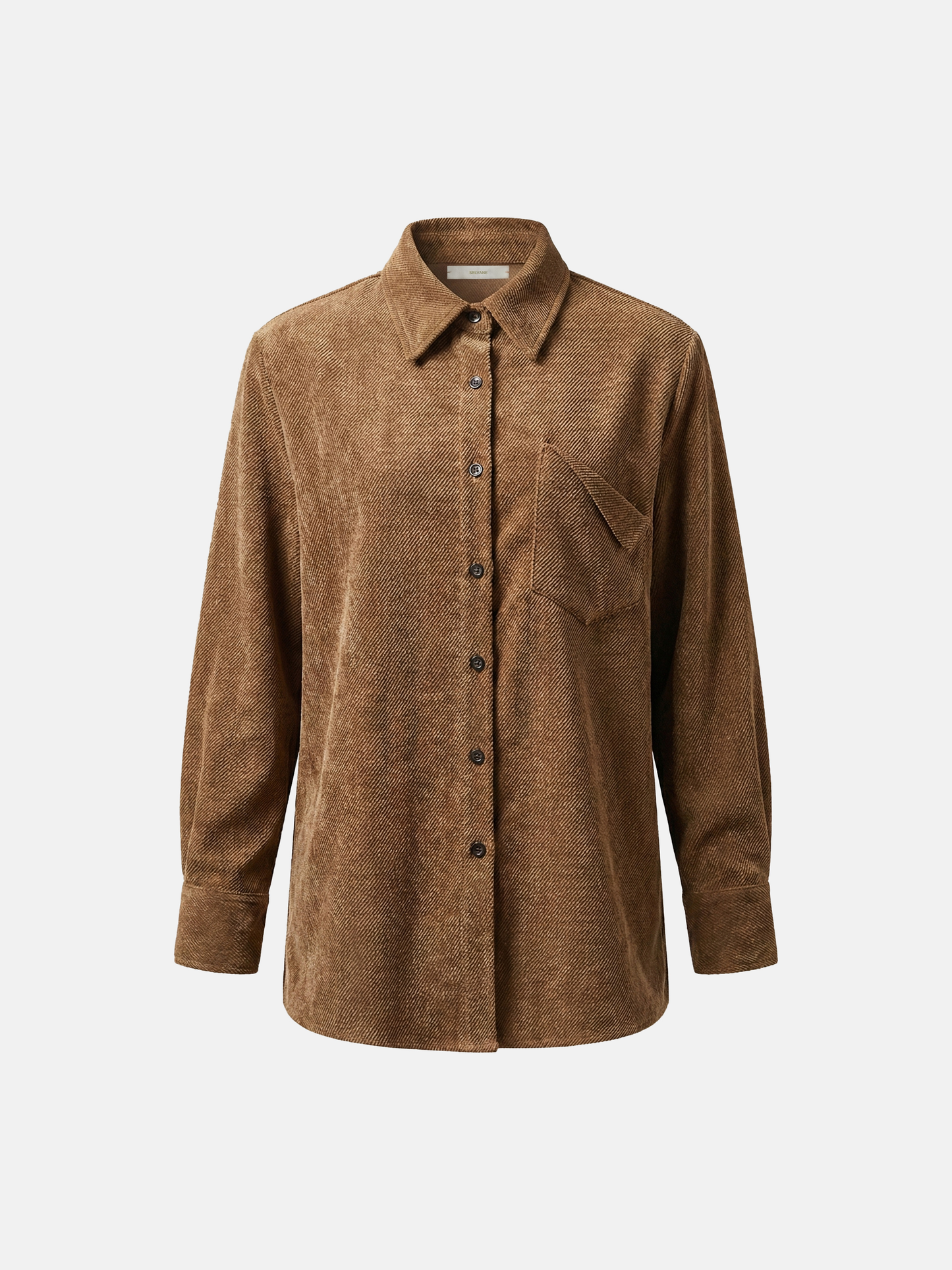 SELVANE khaki textured button-down shirt, tailored with a straight drape and subtle dimensional weave, featuring mother-of-pearl buttons.